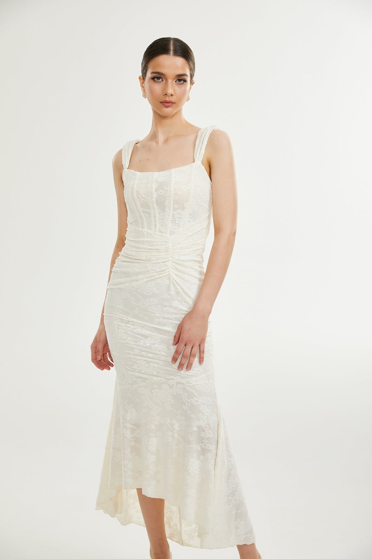 Ivory Jacquard Maxi Dress With Corset Detail