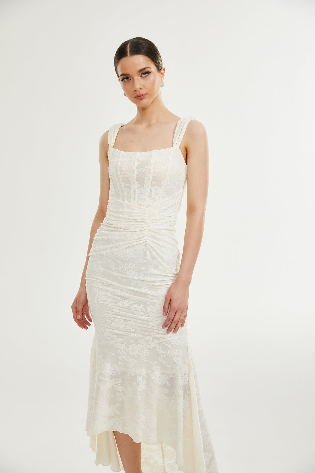 Ivory Jacquard Maxi Dress With Corset Detail