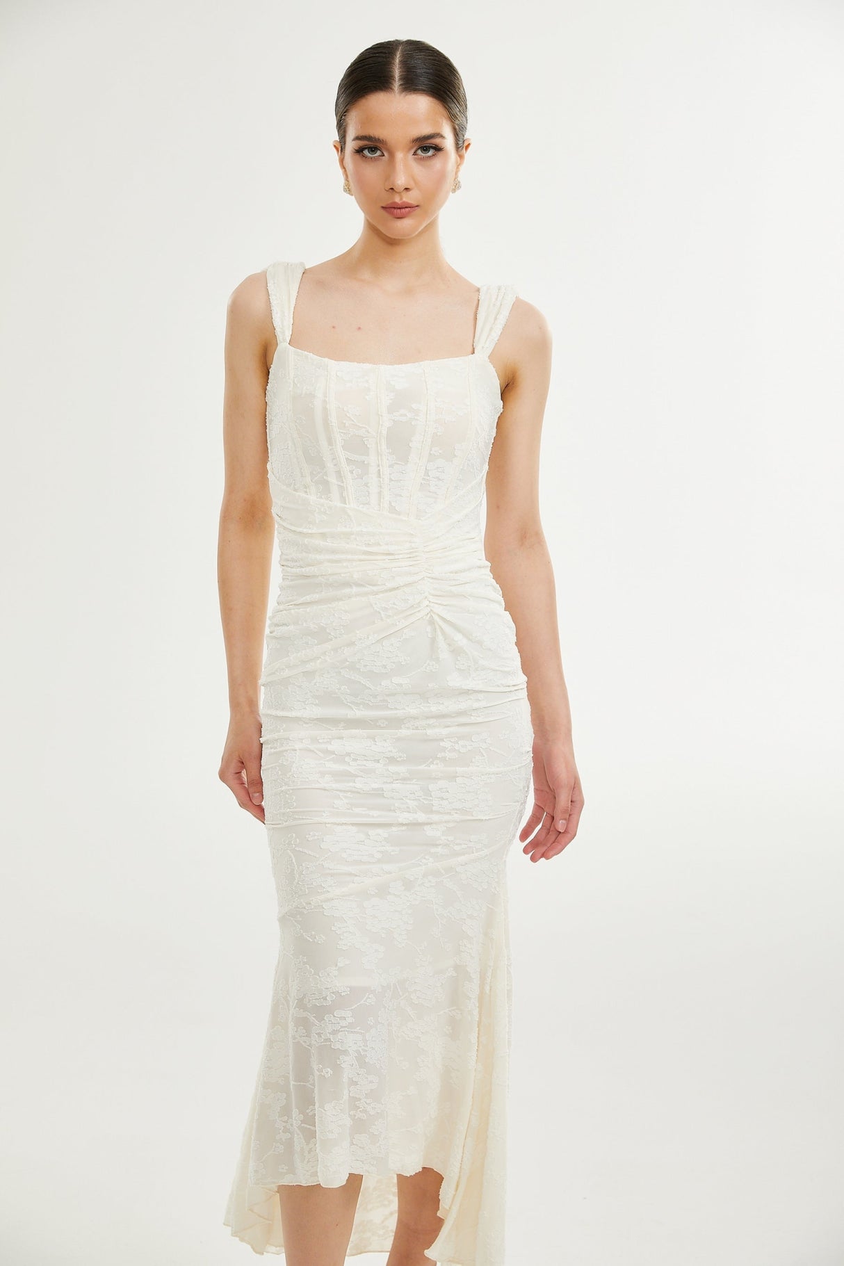 Ivory Jacquard Maxi Dress With Corset Detail