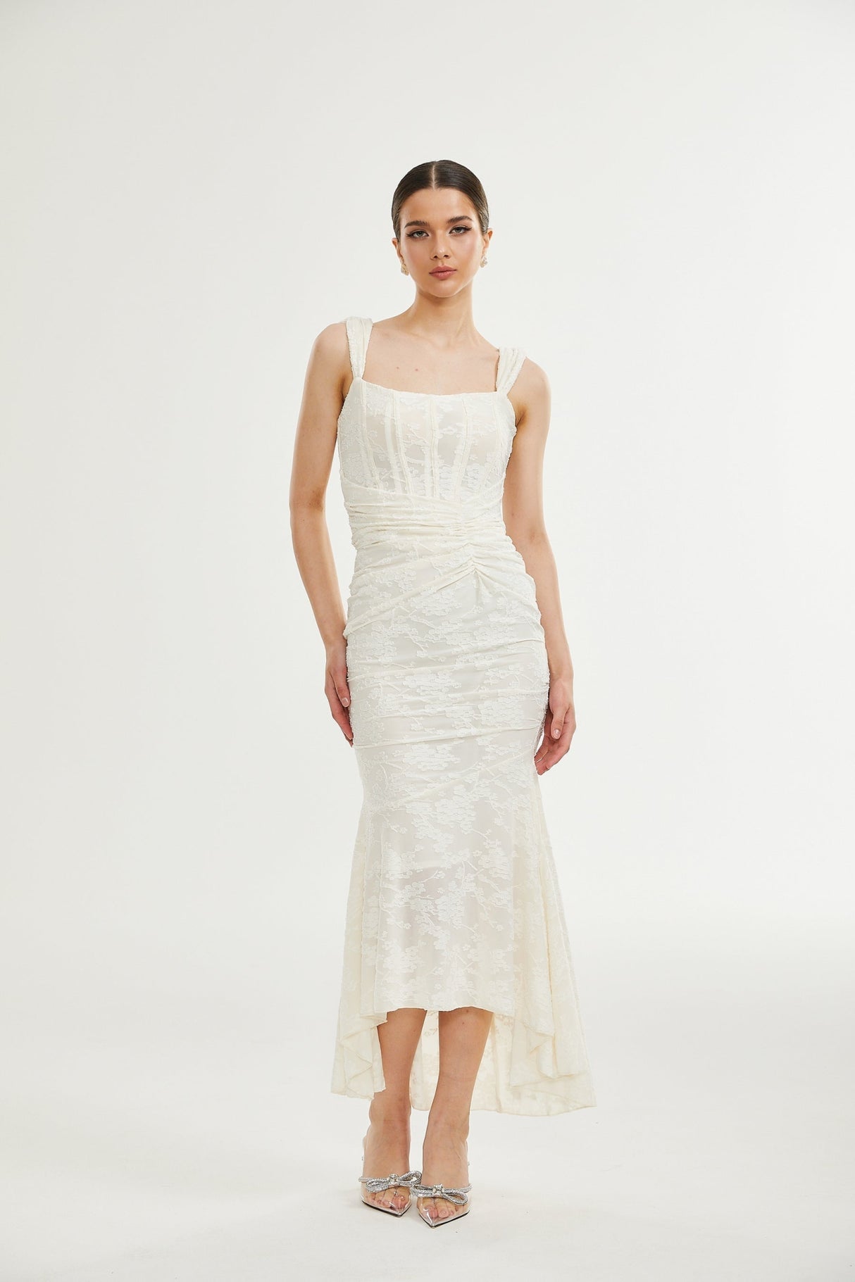 Ivory Maxi Dress - Spaghetti Straps - Square Neck - Corset Style - Gathered Detailing - Jacquard Fabric