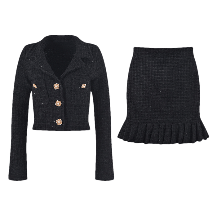 Ivy Jacket & Skirt Black Waffle Knit Matching Set