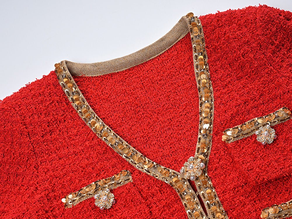 Jacket & Skirt Set - Elegant Tweed Texture - Embellishments - Figure - Flattering Fit - Sophisticated