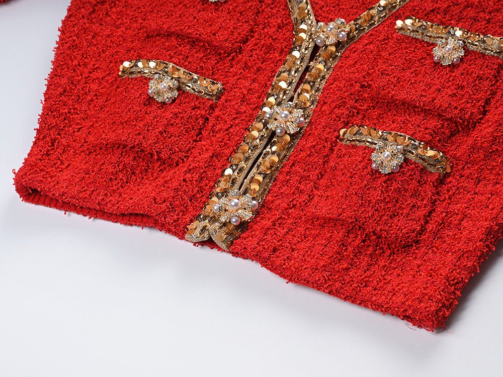 Jacket & Skirt Set - Elegant Tweed Texture - Embellishments - Figure - Flattering Fit - Sophisticated