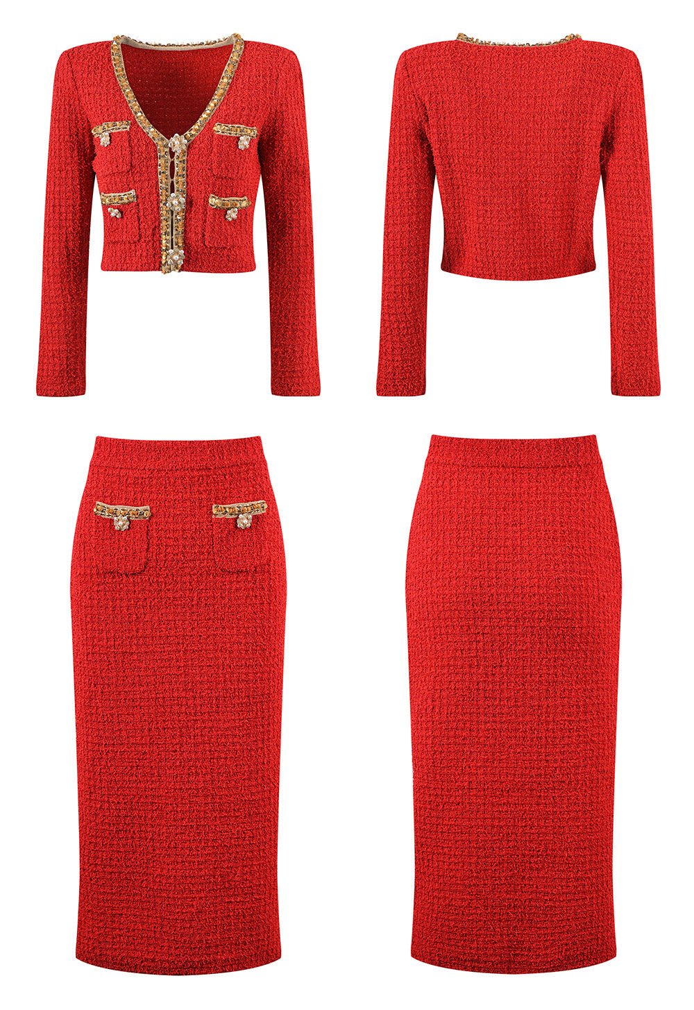 Jacket & Skirt Set - Elegant Tweed Texture - Embellishments - Figure - Flattering Fit - Sophisticated