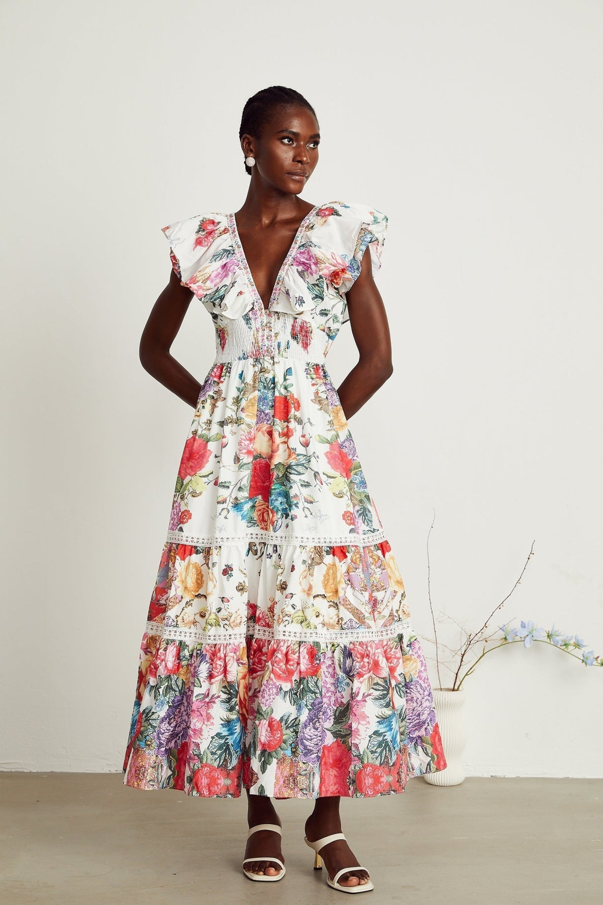 Jacqueline Floral Midi Dress Sleeveless with Ruffled Detailing & VNeck Style