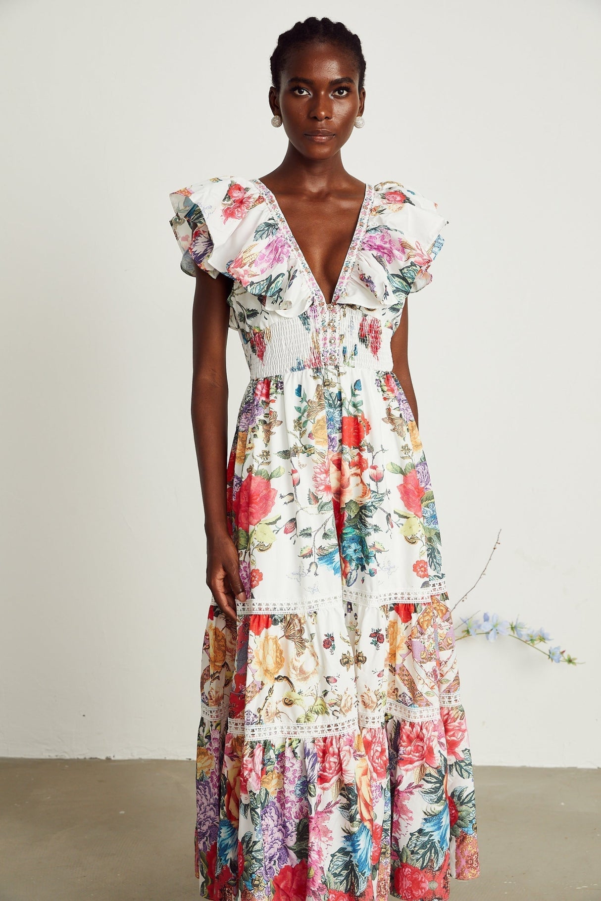 Jacqueline Floral Midi Dress Sleeveless with Ruffled Detailing & VNeck Style
