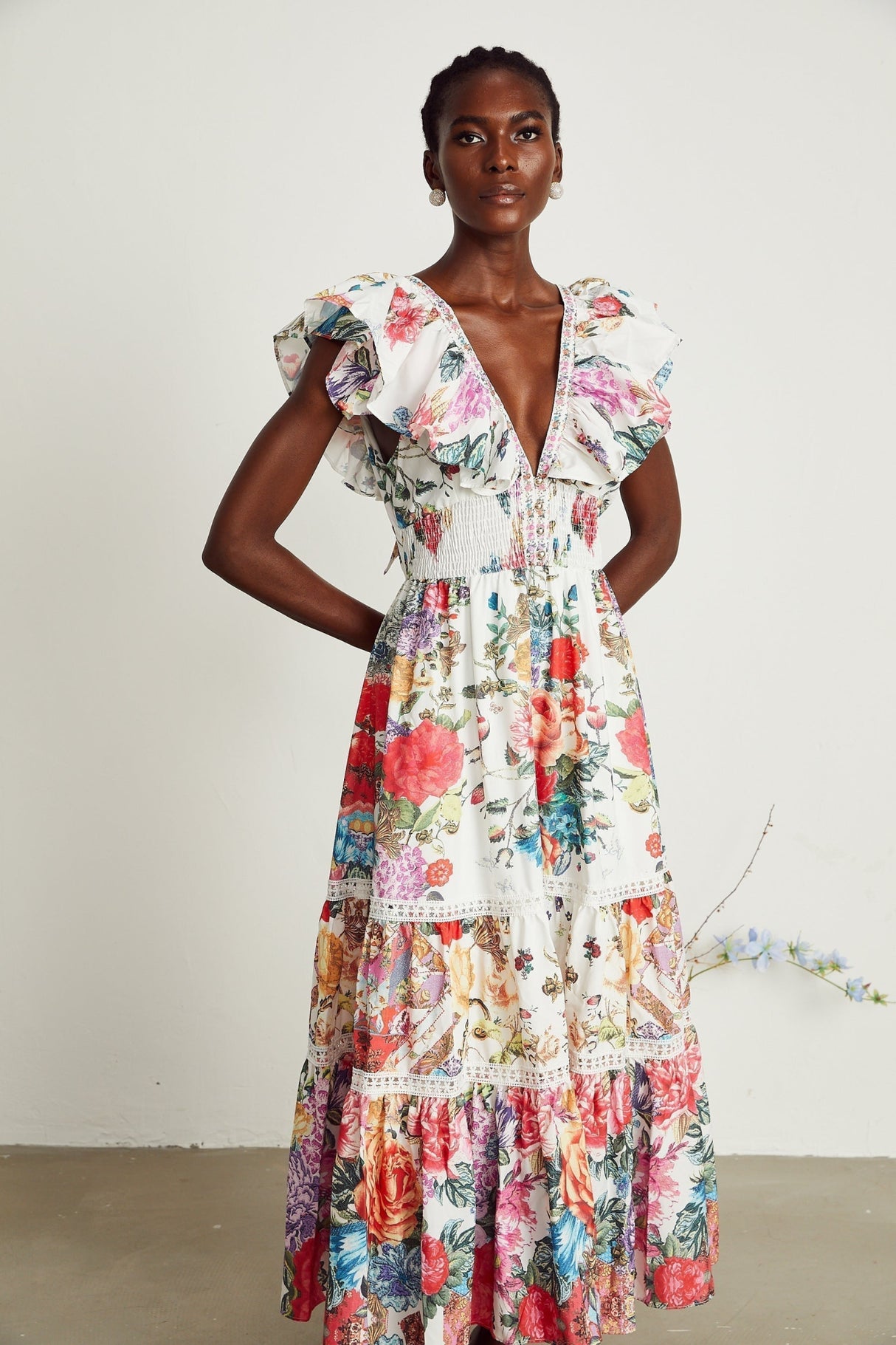 Jacqueline Floral Midi Dress Sleeveless with Ruffled Detailing & VNeck Style