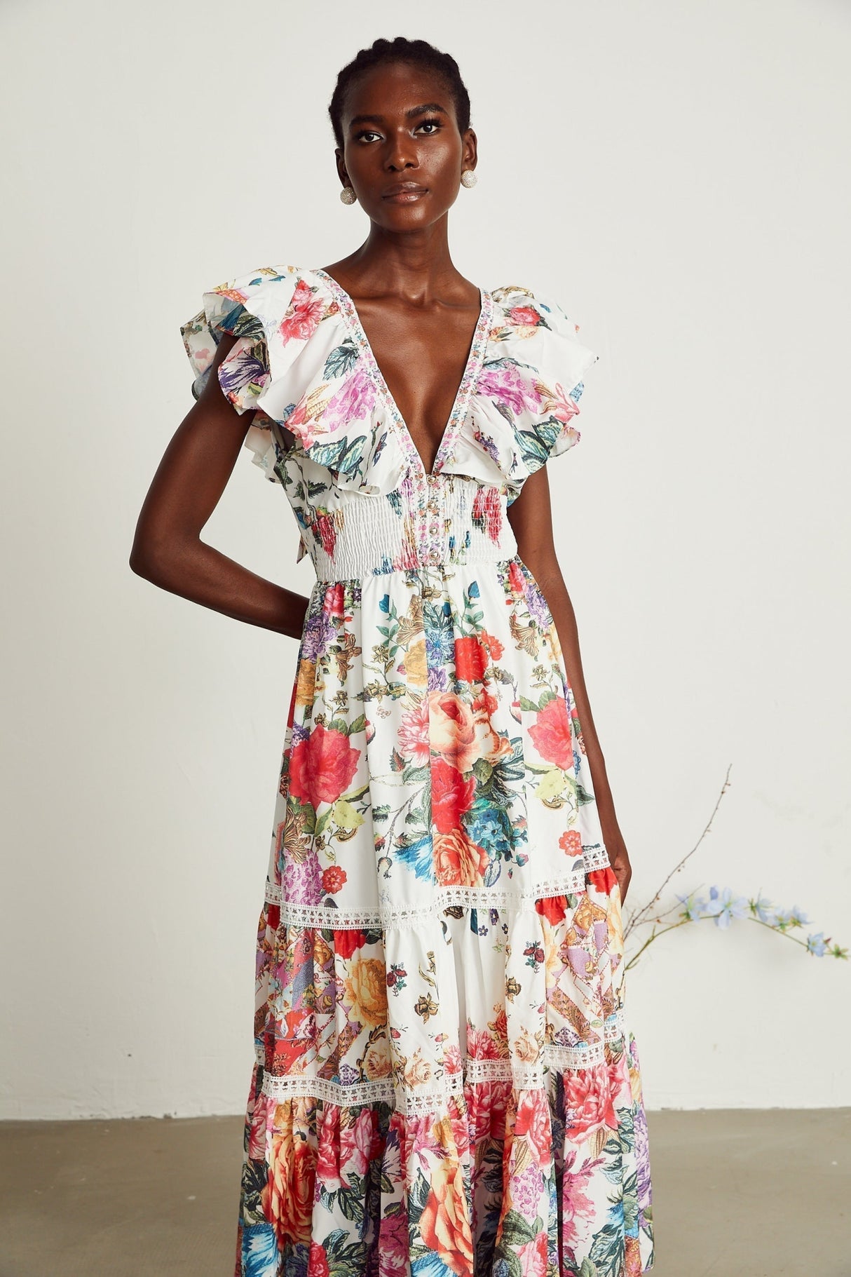 Jacqueline Floral Midi Dress Sleeveless with Ruffled Detailing & VNeck Style