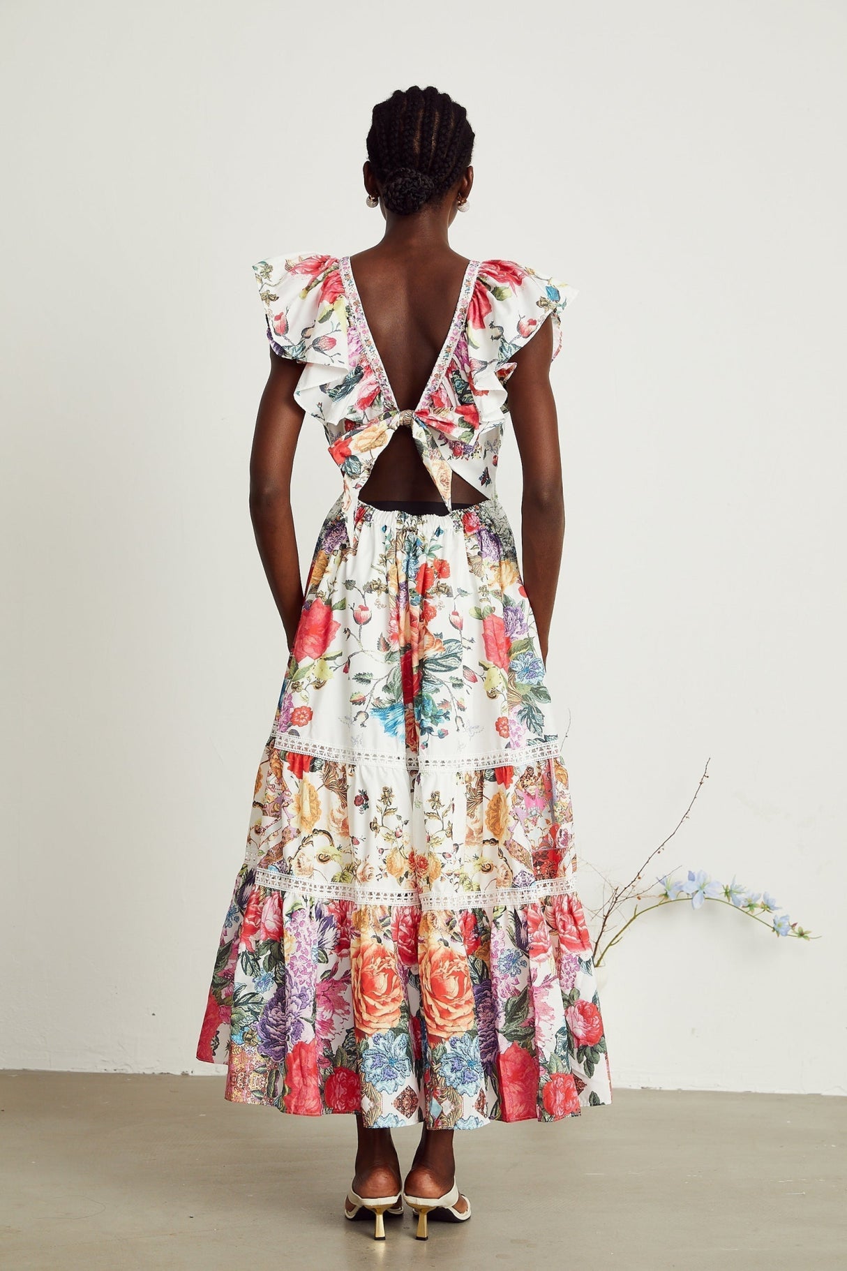 Jacqueline Floral Midi Dress Sleeveless with Ruffled Detailing & VNeck Style