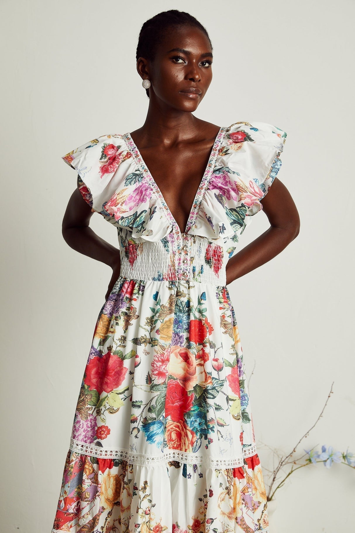 Jacqueline Floral Midi Dress Sleeveless with Ruffled Detailing & VNeck Style