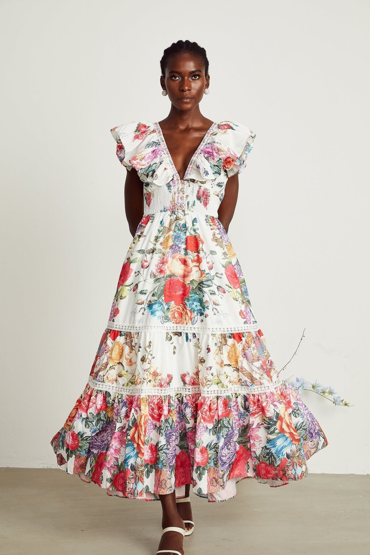 Jacqueline Floral Midi Dress Sleeveless with Ruffled Detailing & VNeck Style