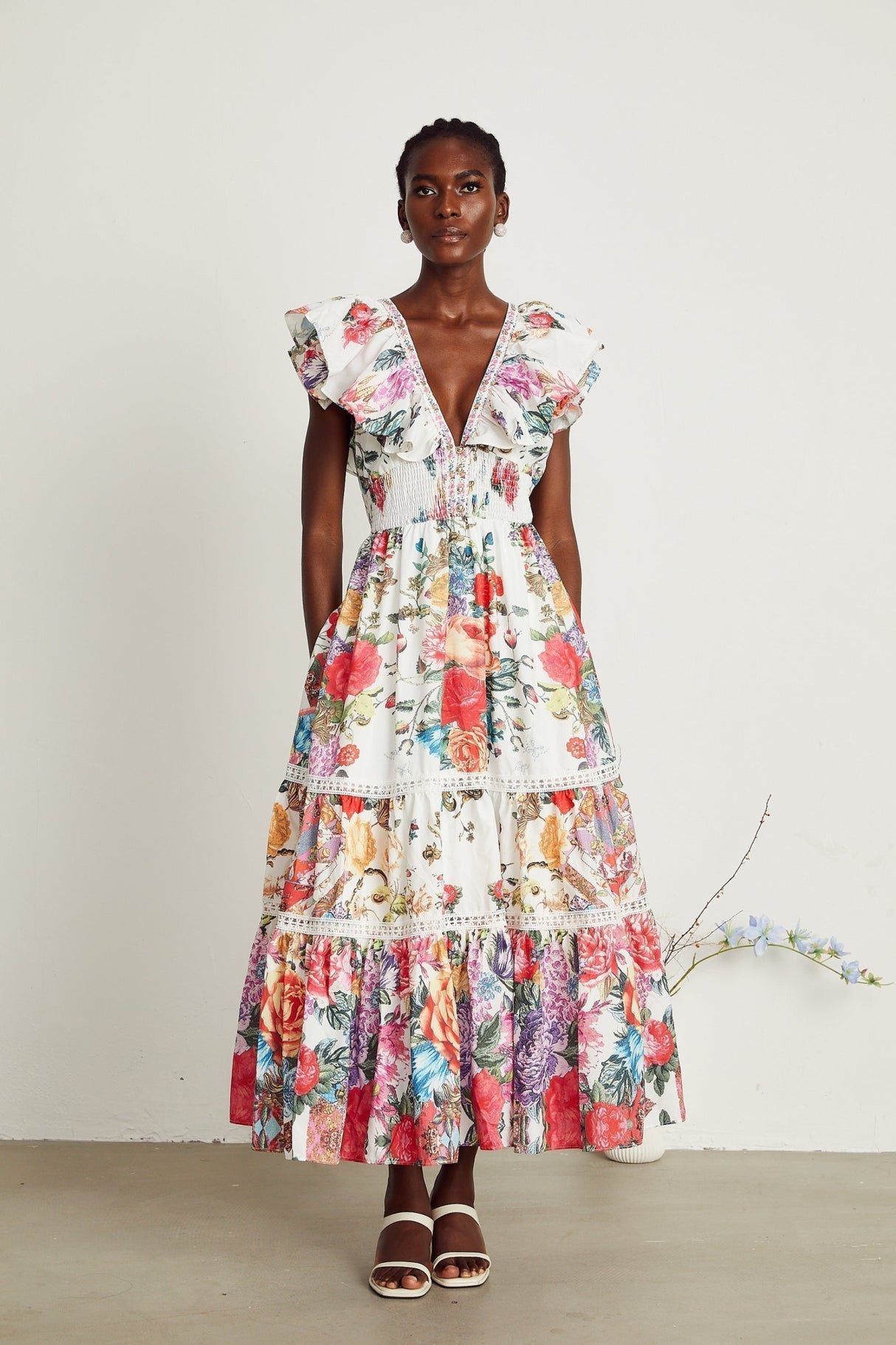 Jacqueline Floral Midi Dress Sleeveless with Ruffled Detailing & VNeck Style