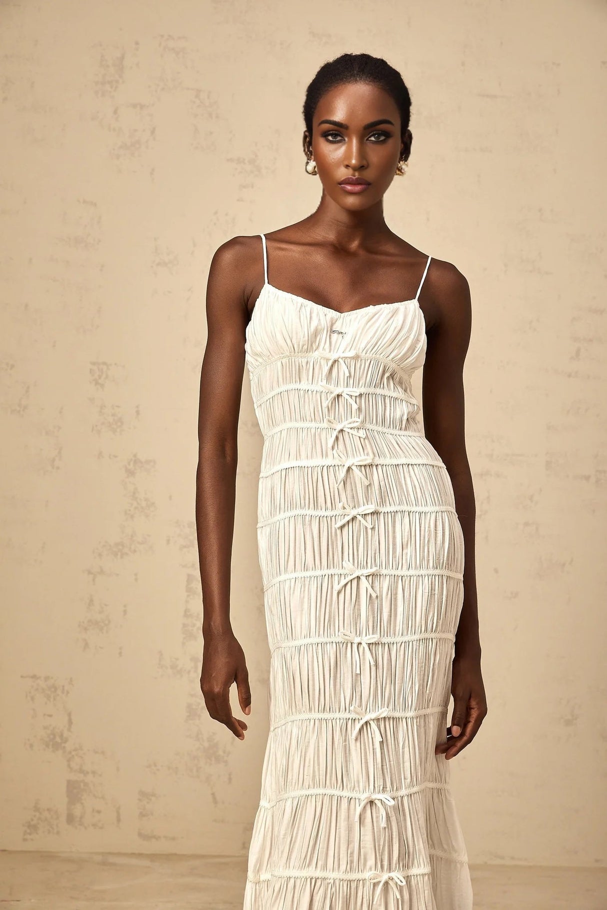 Jacqueline Maxi Dress White Bow Smocked Embellished Flared Hem & Spaghetti Straps