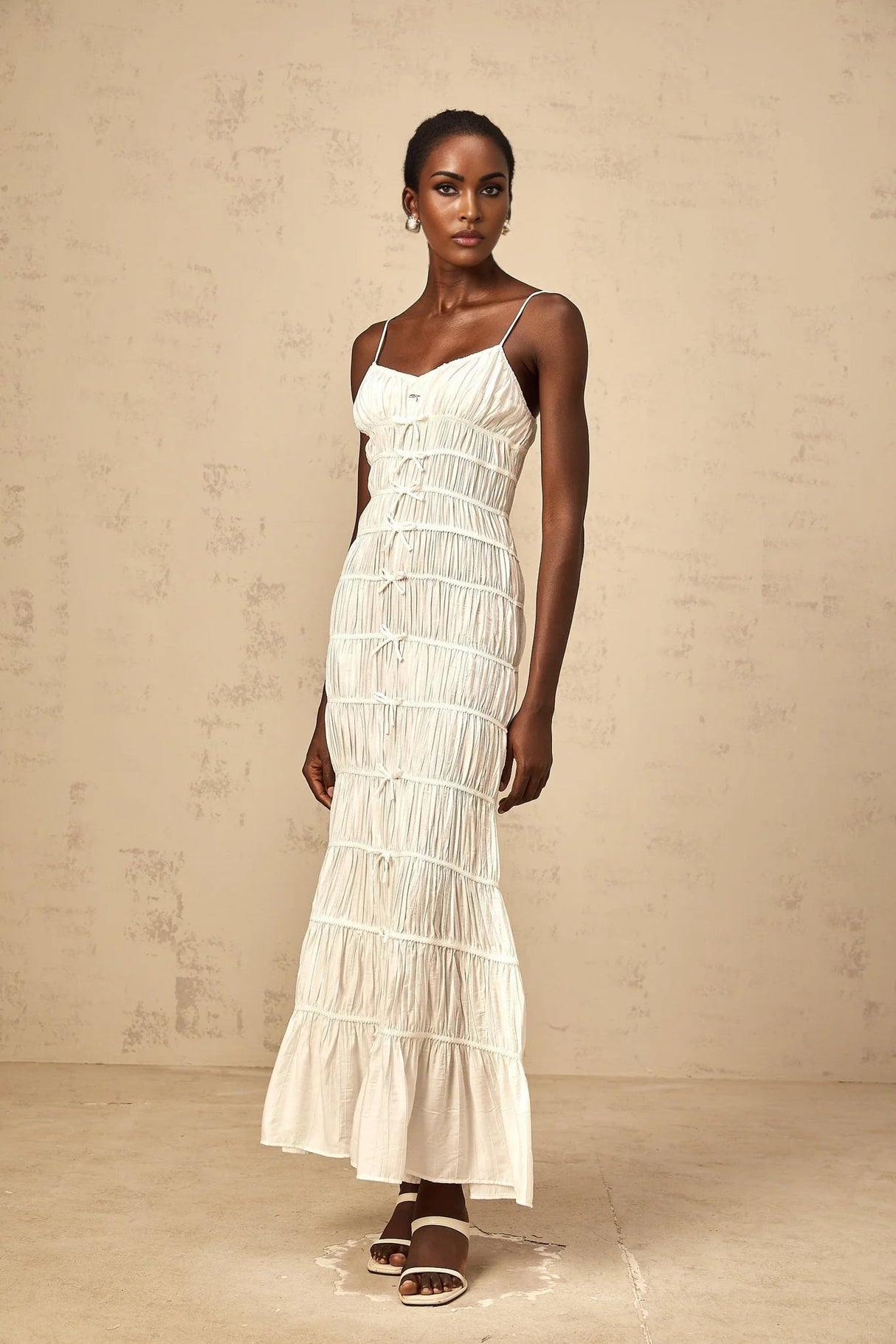 Jacqueline Maxi Dress White Bow Smocked Embellished Flared Hem & Spaghetti Straps