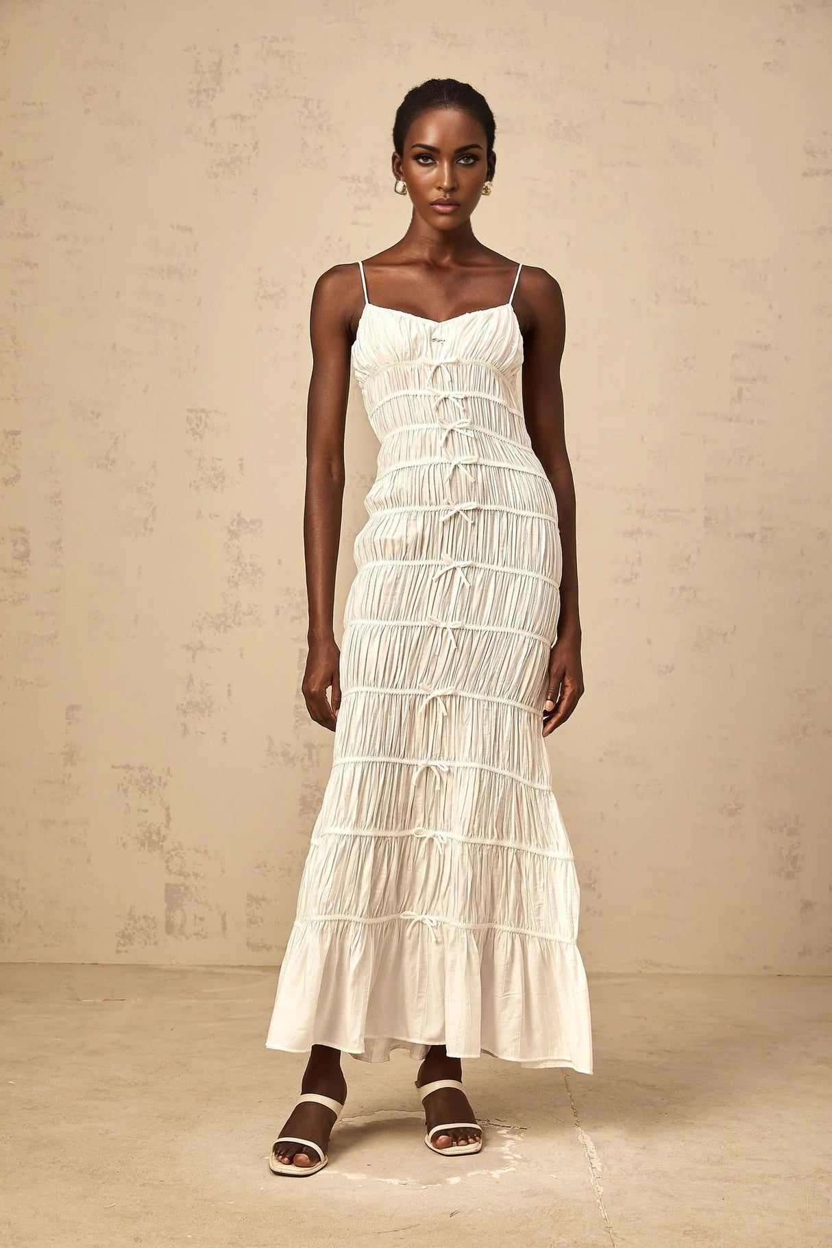 Jacqueline Maxi Dress White Bow Smocked Embellished Flared Hem & Spaghetti Straps