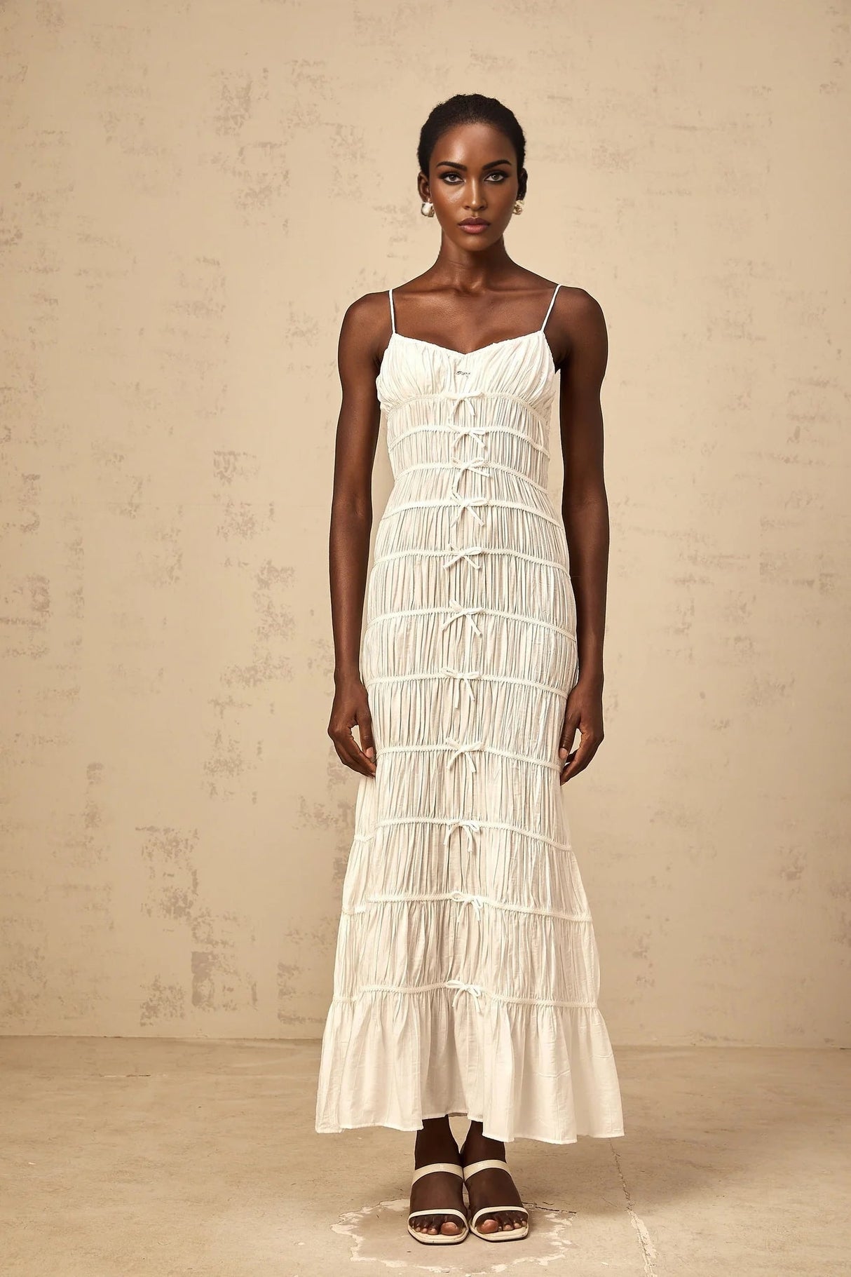 Jacqueline Maxi Dress White Bow Smocked Embellished Flared Hem & Spaghetti Straps