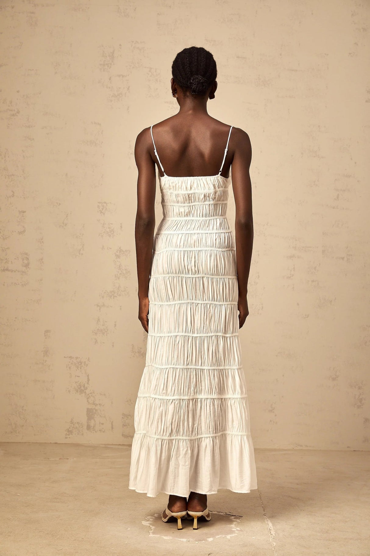 Jacqueline Maxi Dress White Bow Smocked Embellished Flared Hem & Spaghetti Straps