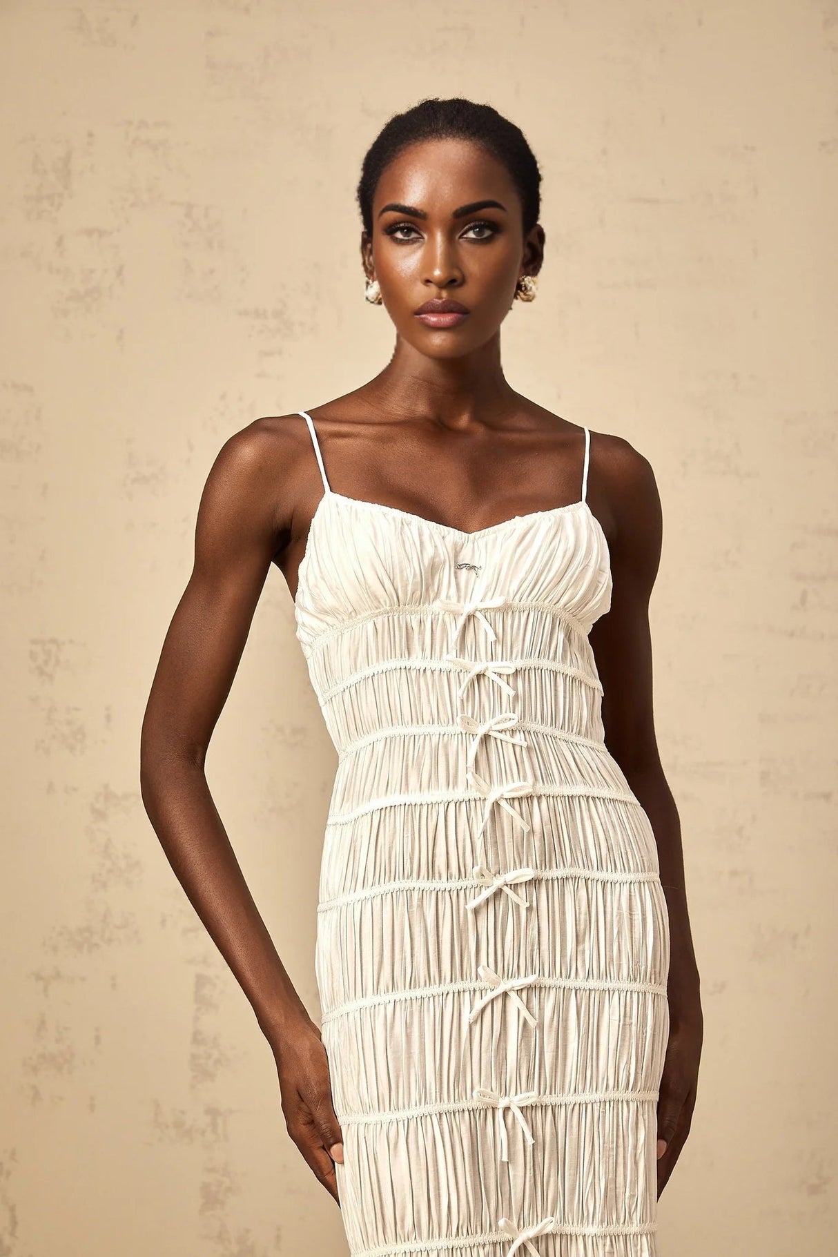 Jacqueline Maxi Dress White Bow Smocked Embellished Flared Hem & Spaghetti Straps