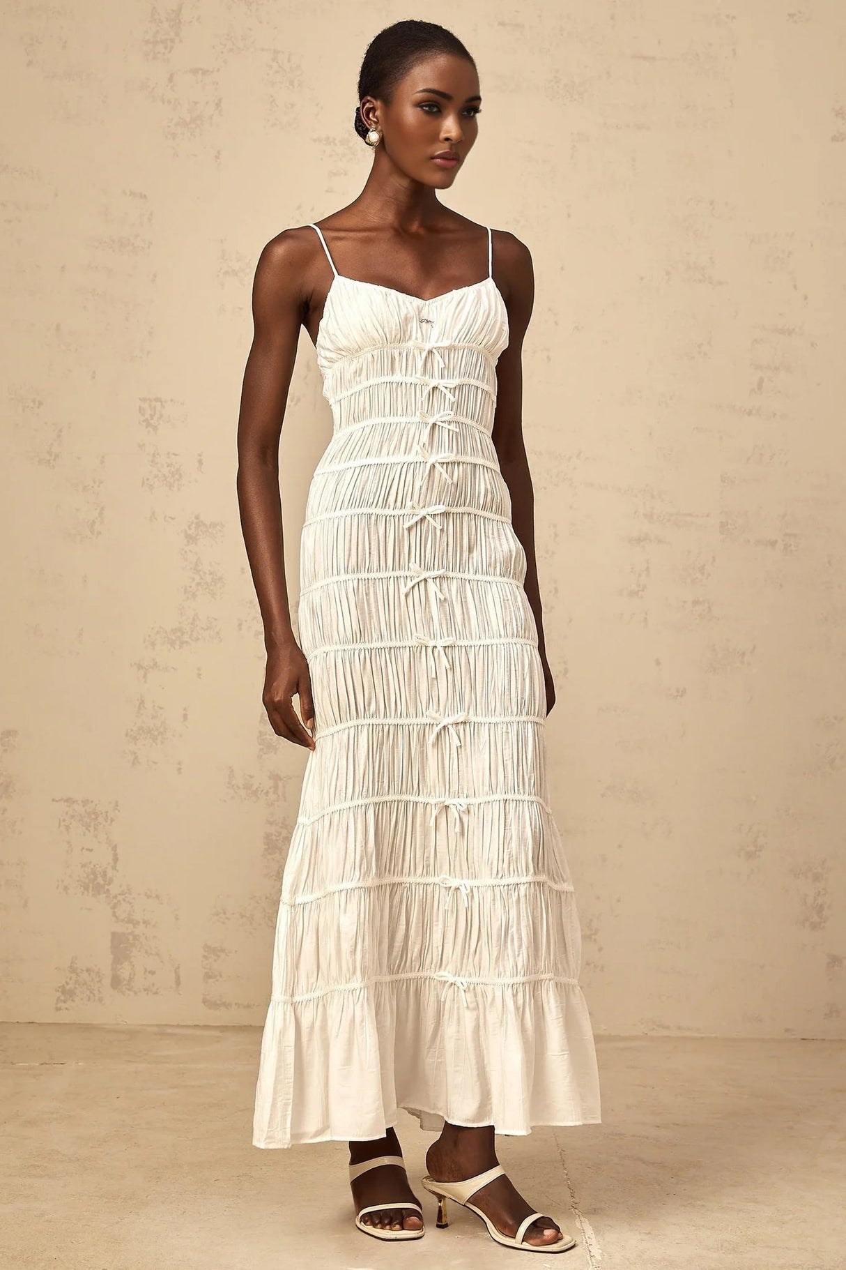 Jacqueline Maxi Dress White Bow Smocked Embellished Flared Hem & Spaghetti Straps