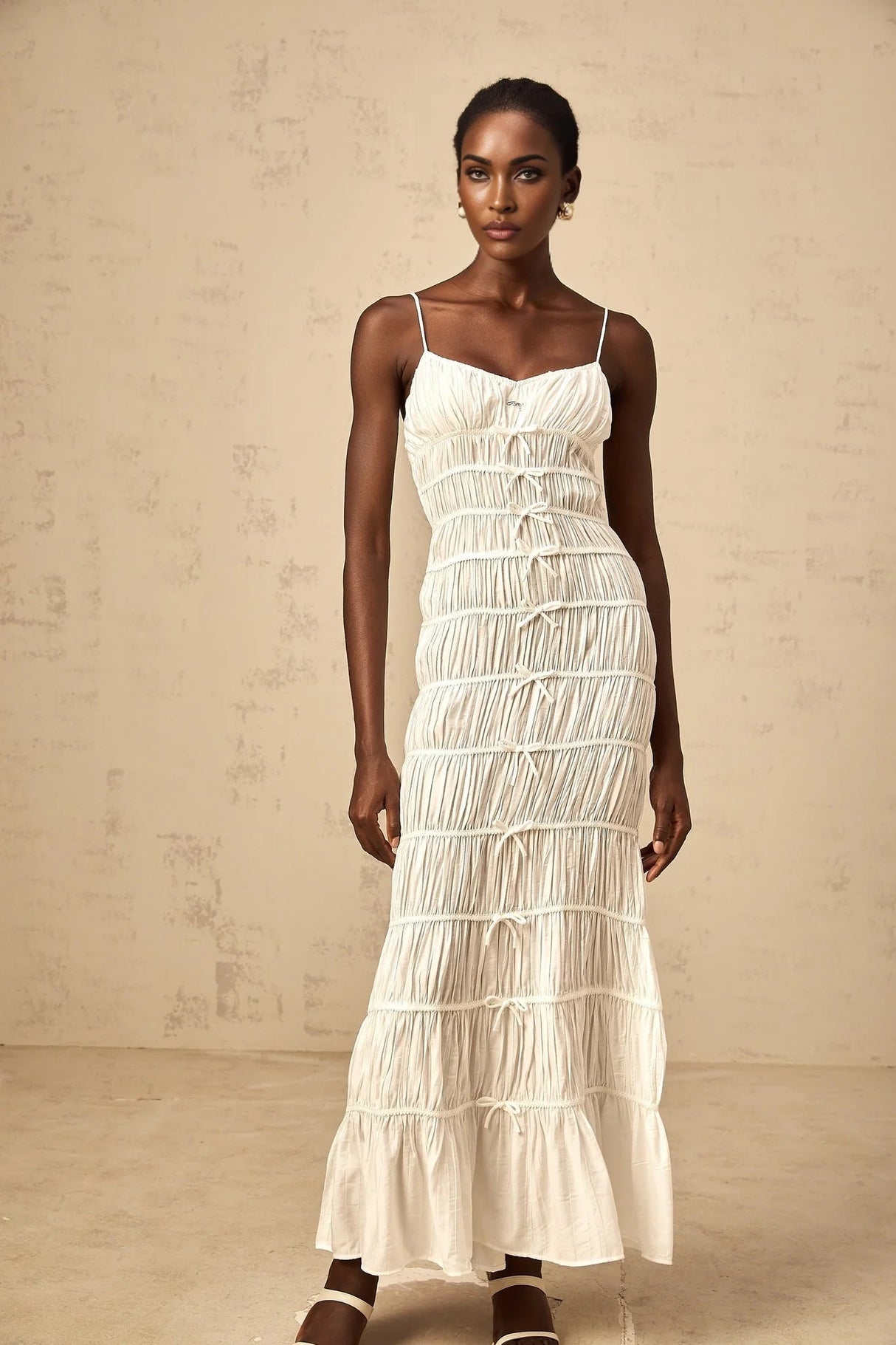 Jacqueline Maxi Dress White Bow Smocked Embellished Flared Hem & Spaghetti Straps