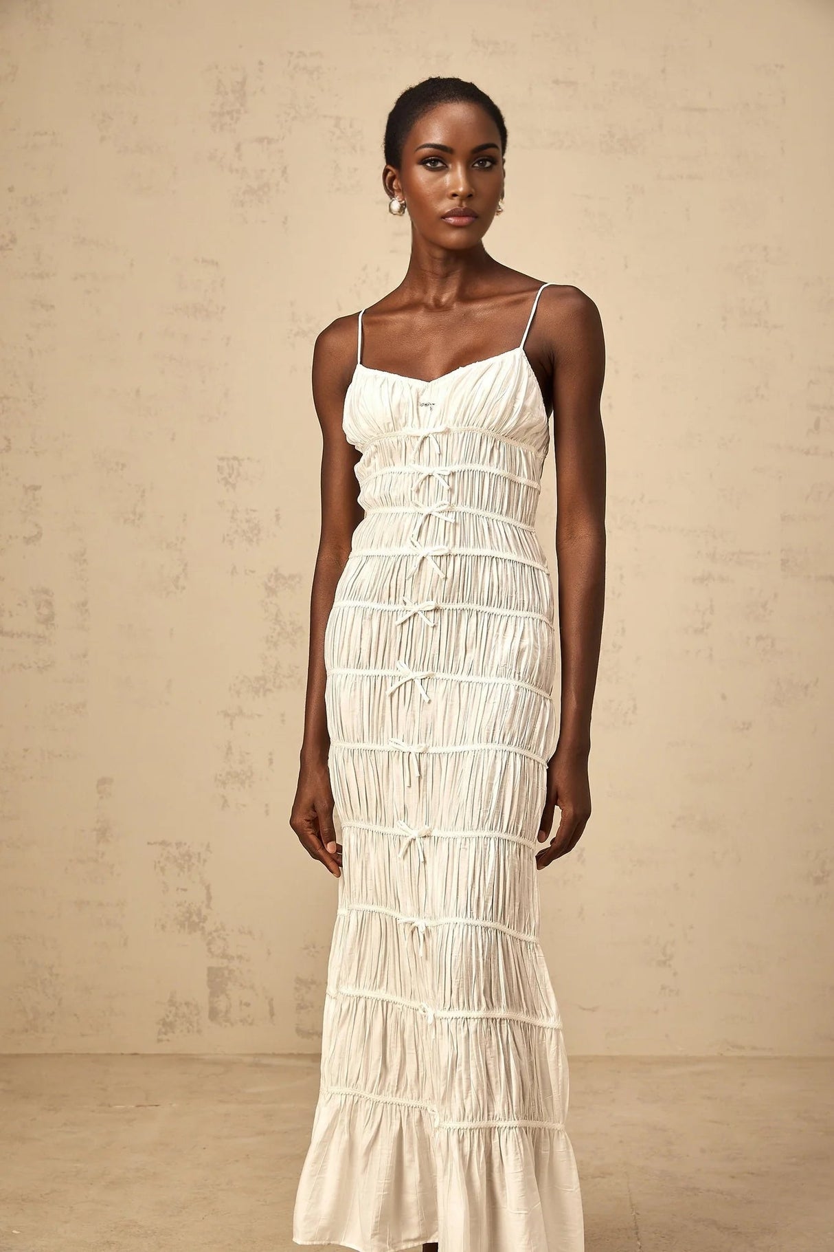 Jacqueline Maxi Dress White Bow Smocked Embellished Flared Hem & Spaghetti Straps