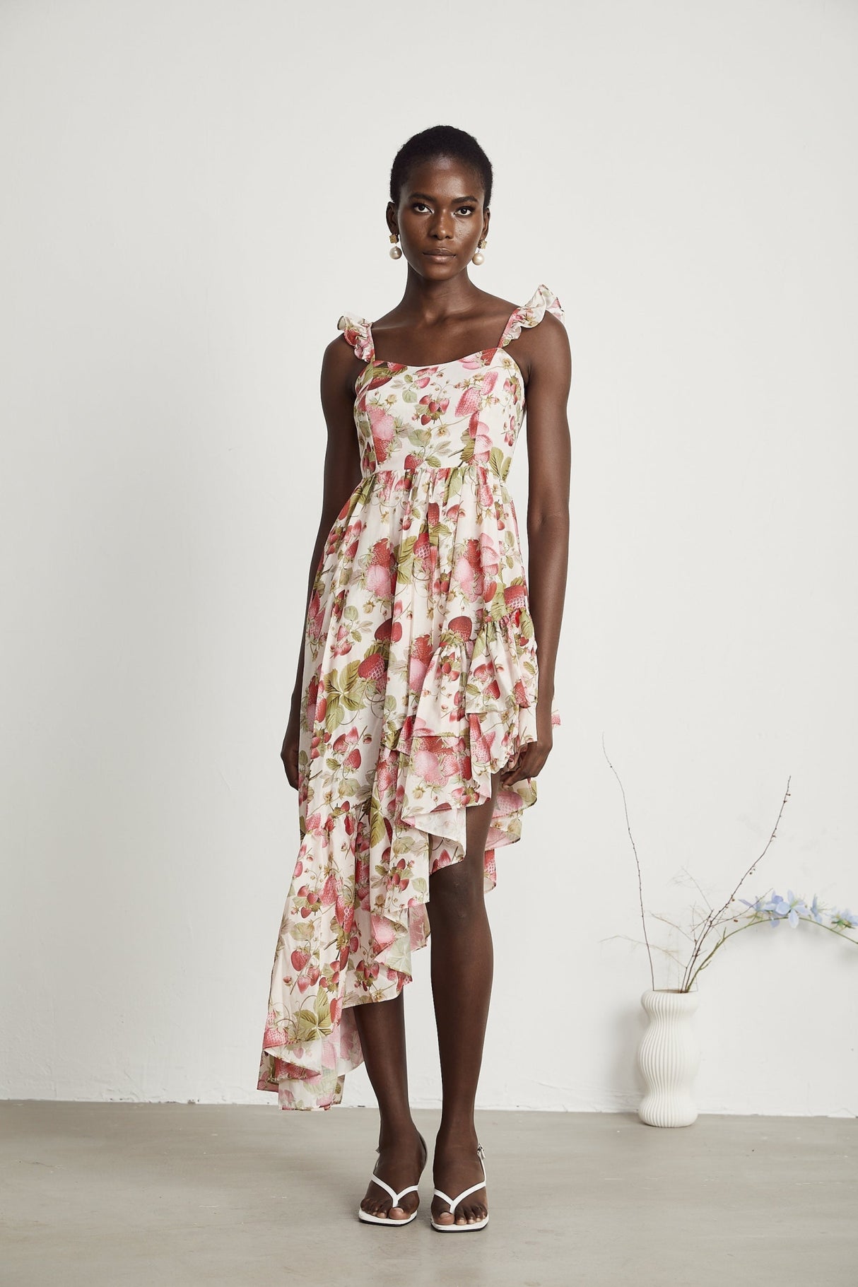Jada Midi Dress Strawberry Print Asymmetric White & Multicolor