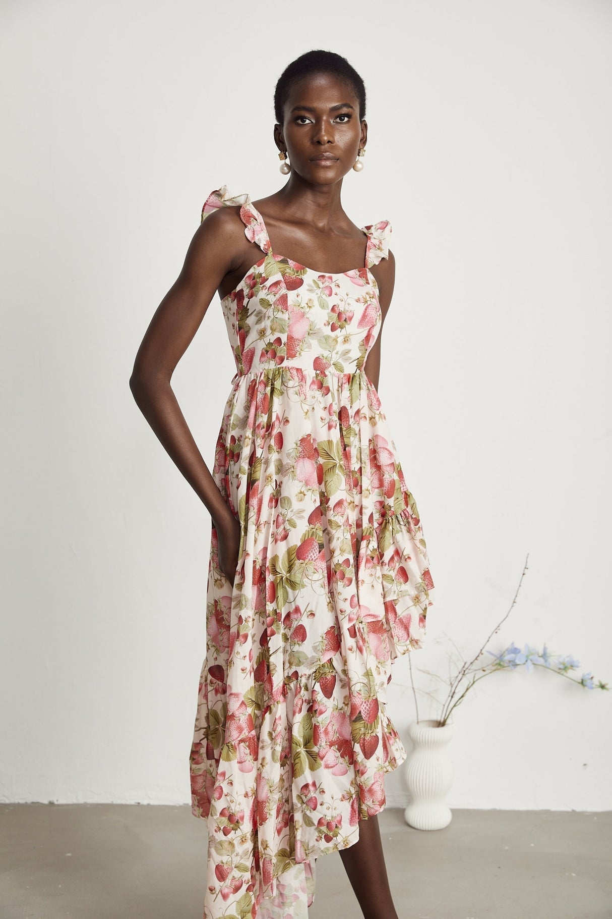 Jada Midi Dress Strawberry Print Asymmetric White & Multicolor