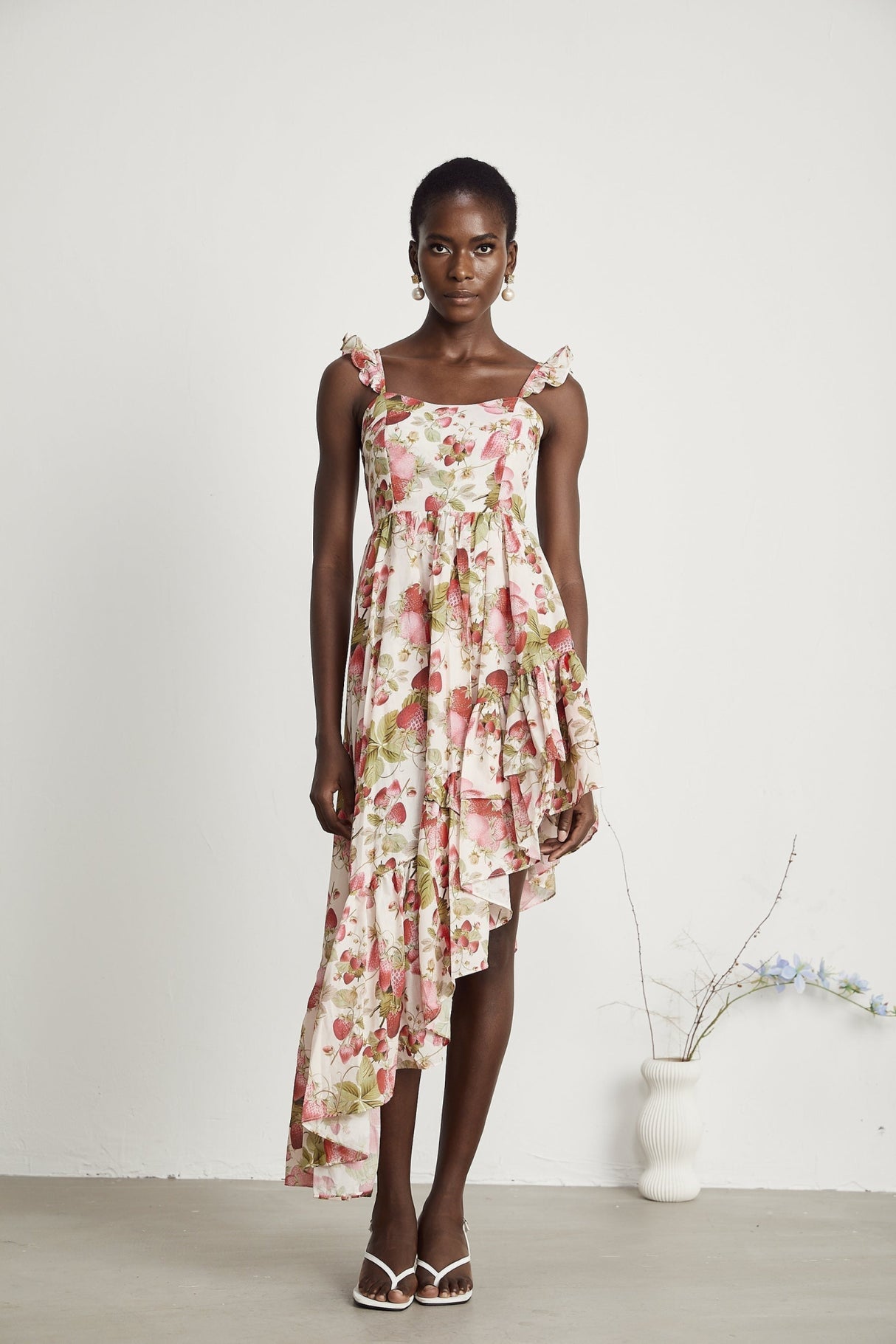 Jada Midi Dress Strawberry Print Asymmetric White & Multicolor