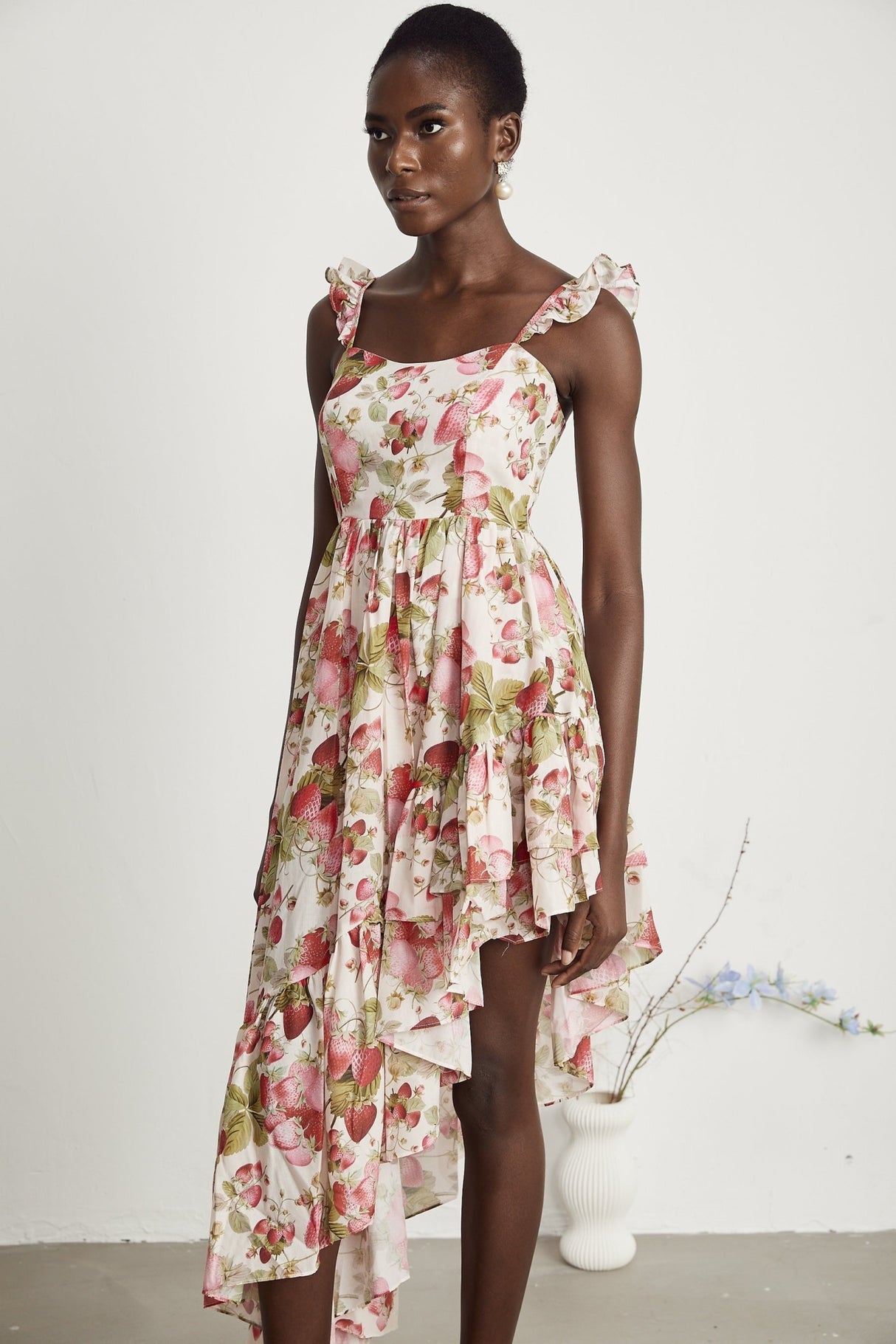 Jada Midi Dress Strawberry Print Asymmetric White & Multicolor