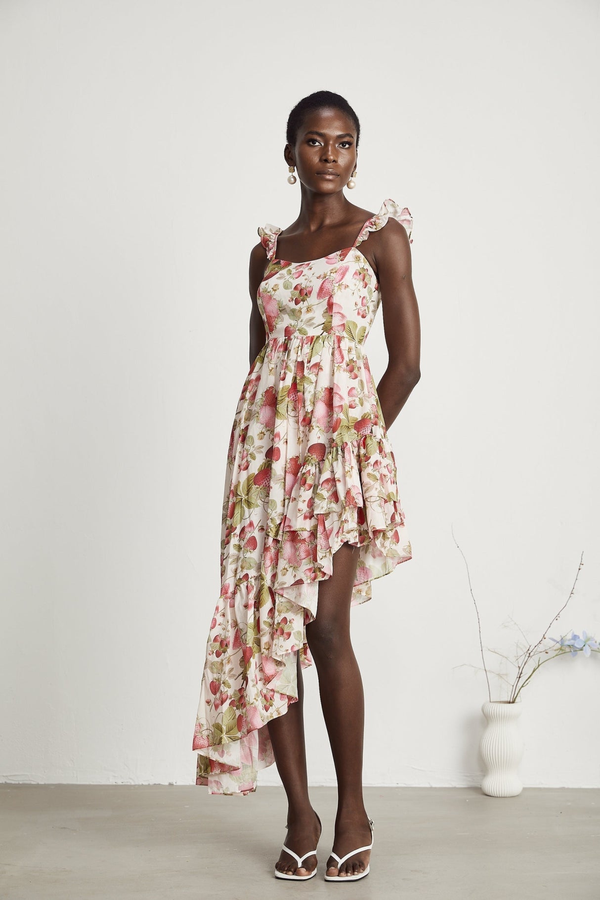 Jada Midi Dress Strawberry Print Asymmetric White & Multicolor