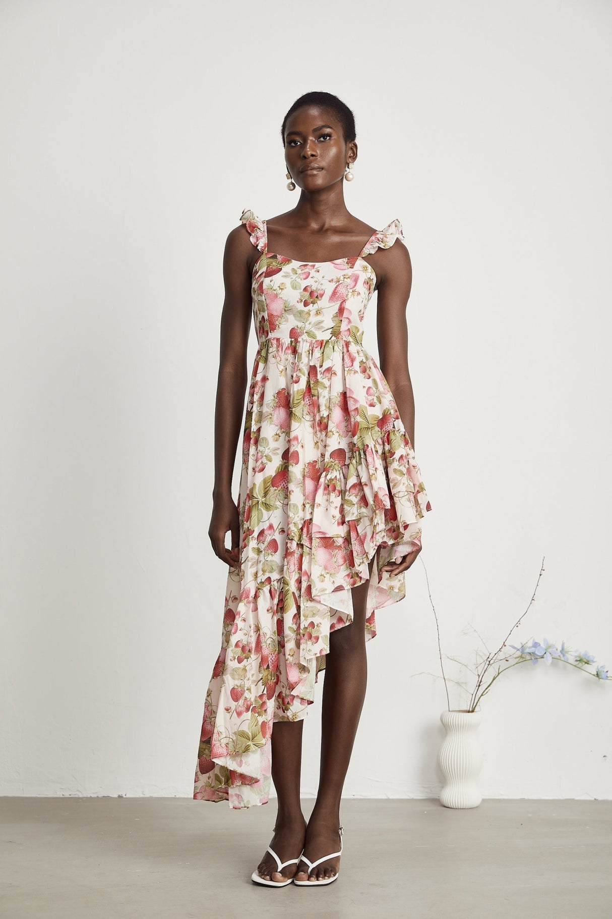 Jada Midi Dress Strawberry Print Asymmetric White & Multicolor
