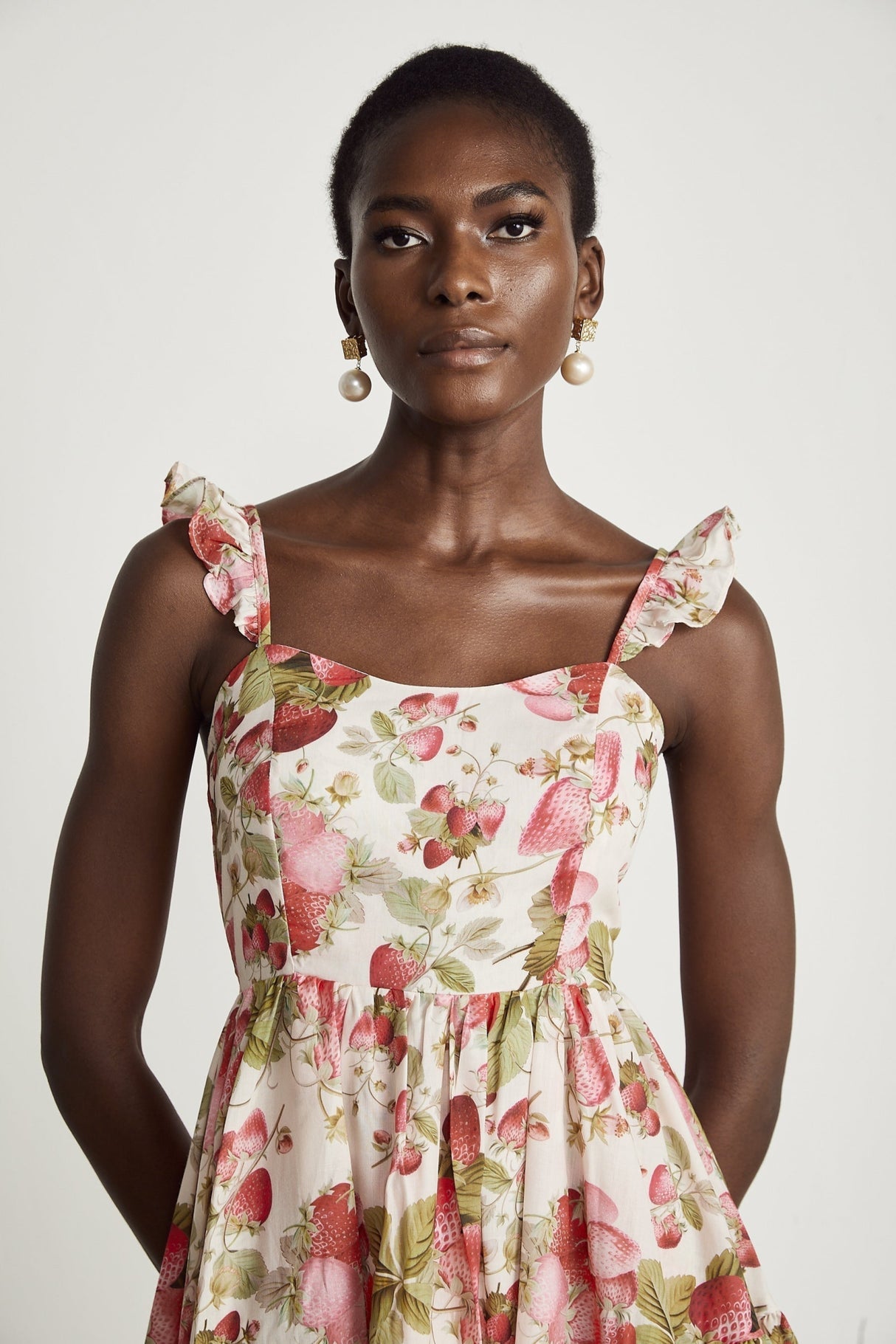 Jada Midi Dress Strawberry Print Asymmetric White & Multicolor