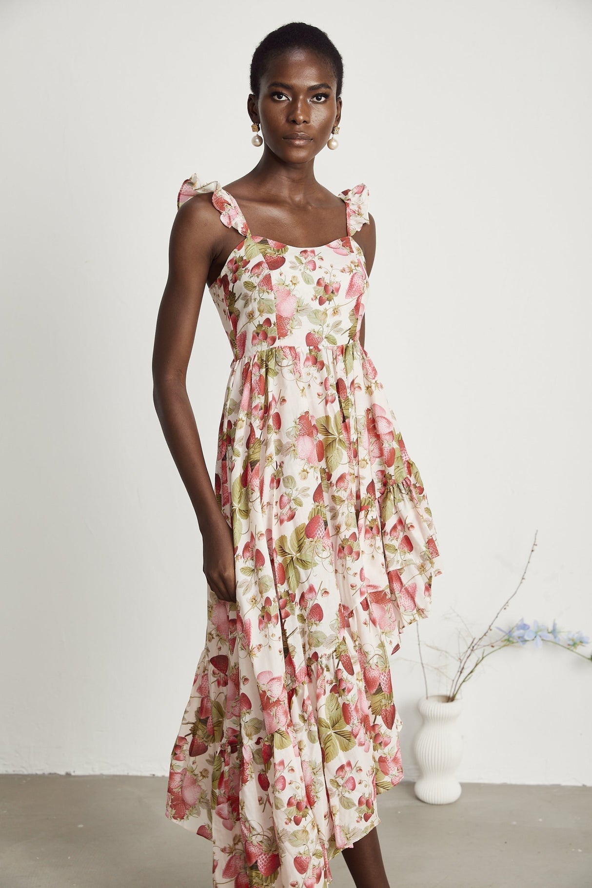 Jada Midi Dress Strawberry Print Asymmetric White & Multicolor