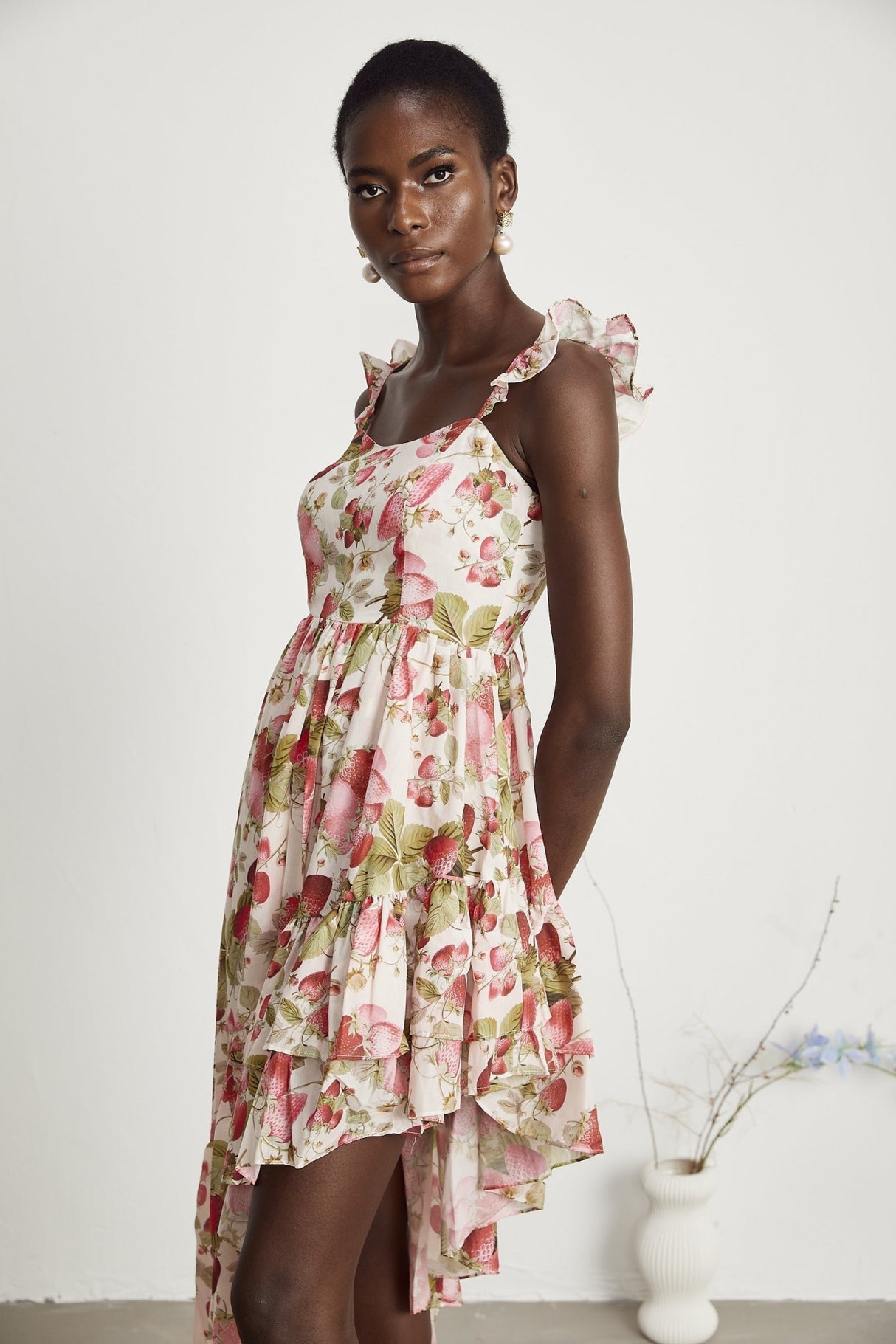 Jada Midi Dress Strawberry Print Asymmetric White & Multicolor