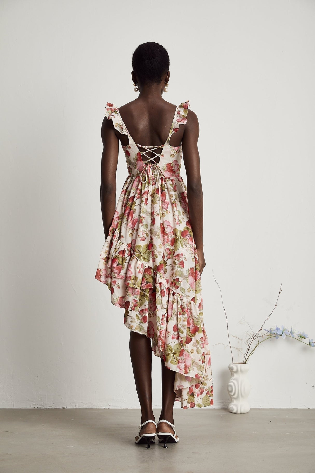 Jada Midi Dress Strawberry Print Asymmetric White & Multicolor