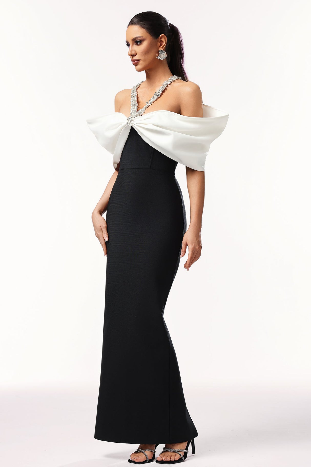 Jamie Black Off-Shoulder Bow Gown with Beaded Detailing