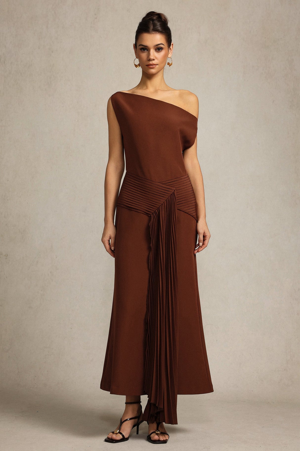 Jamie Brown Midi Dress Oblique Shoulder Elegant Draping Pleated Design Versatile Style Formal Gatherings Comfort Chic Fashion Functionality Timeless Piece