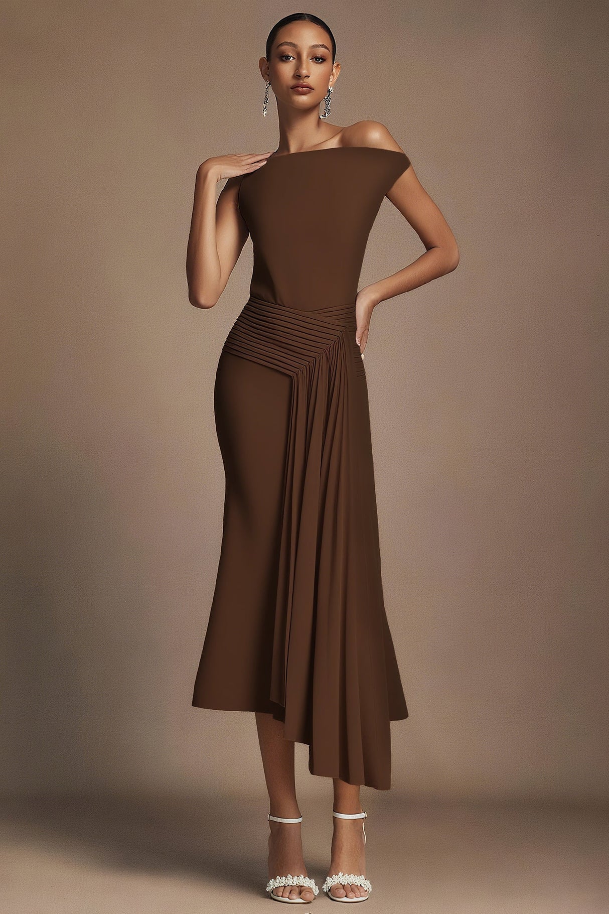 Jamie Brown Midi Dress Oblique Shoulder High Quality Fabric Waist Detailing Pleated Design Elegant Sophisticated Versatile Chic Comfortable Fashionable