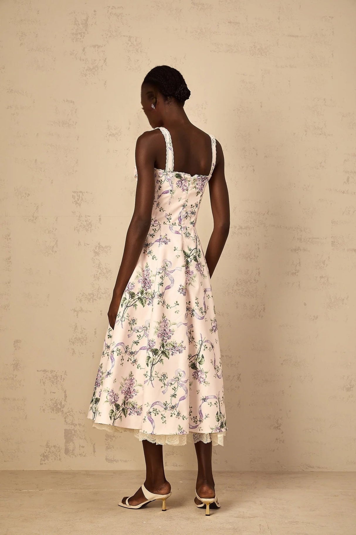 Jamie Midi Dress Pink Floral Print Shirred Calf - Length & Boned Bodice