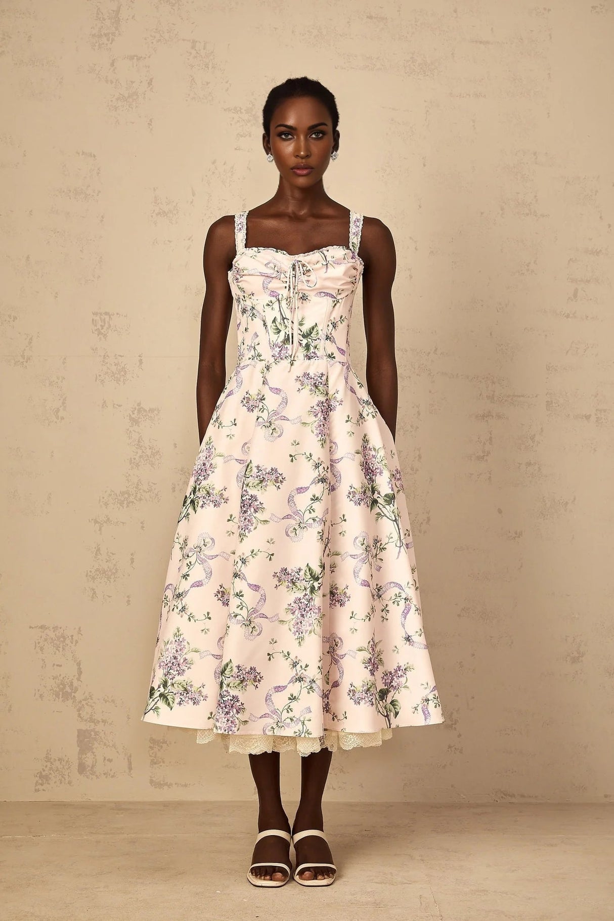 Jamie Midi Dress Pink Floral Print Shirred Calf - Length & Boned Bodice