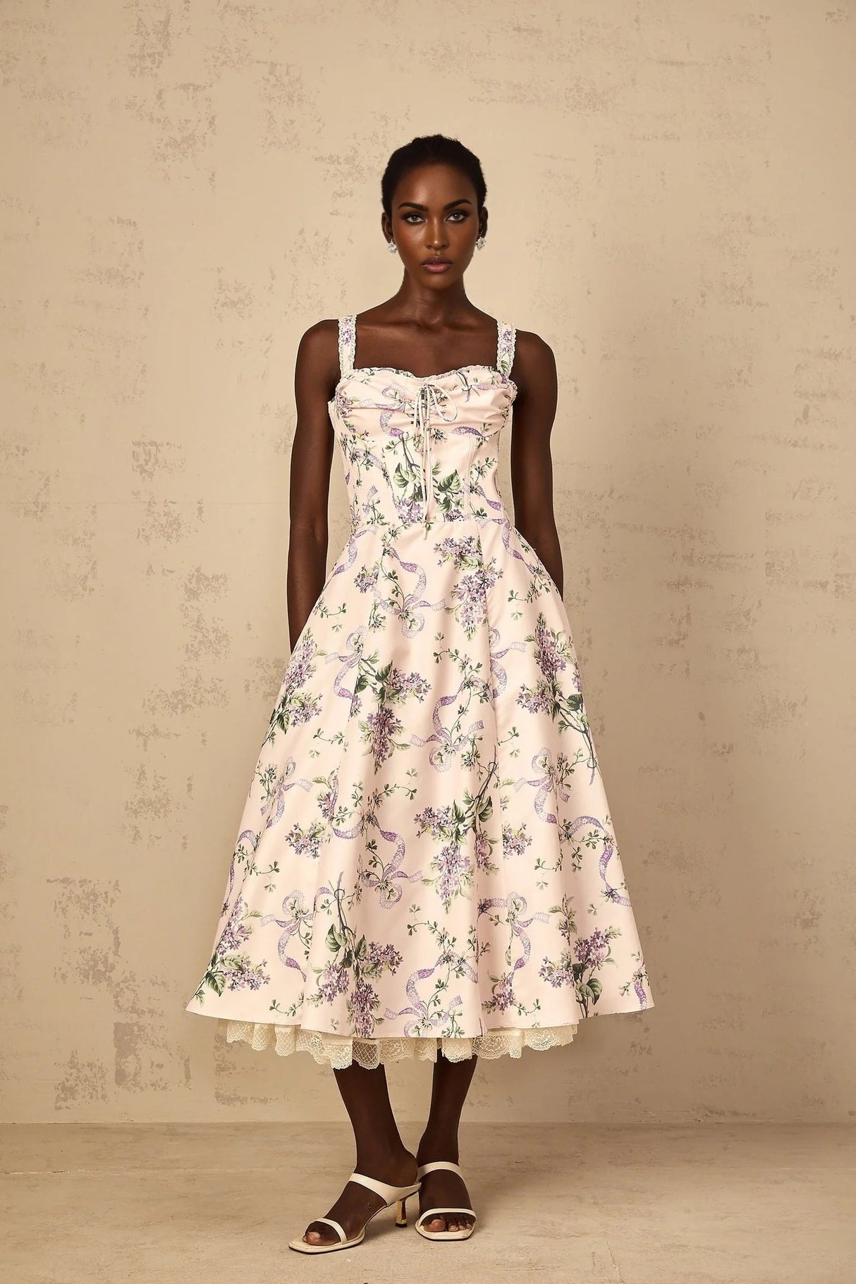 Jamie Midi Dress Pink Floral Print Shirred Calf - Length & Boned Bodice