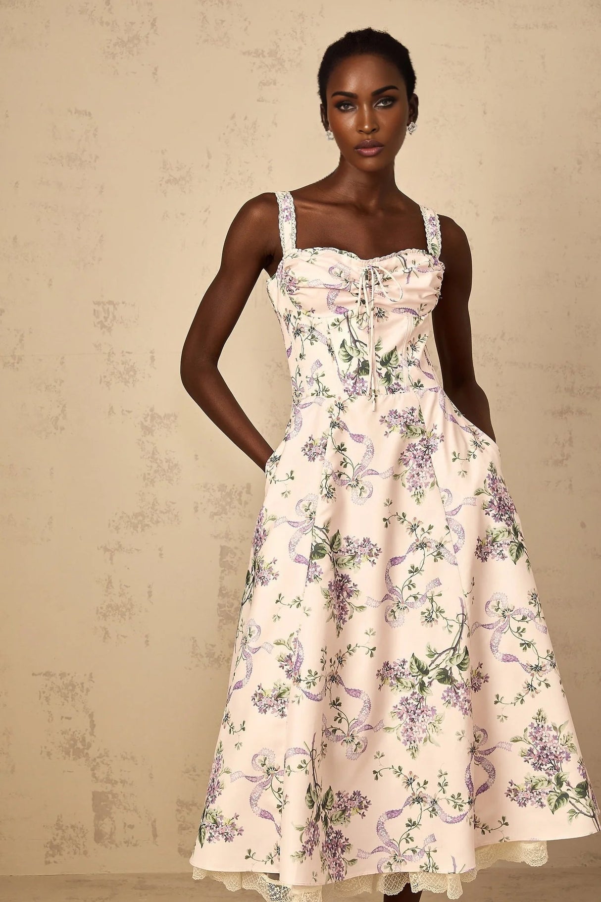 Jamie Midi Dress Pink Floral Print Shirred Calf - Length & Boned Bodice