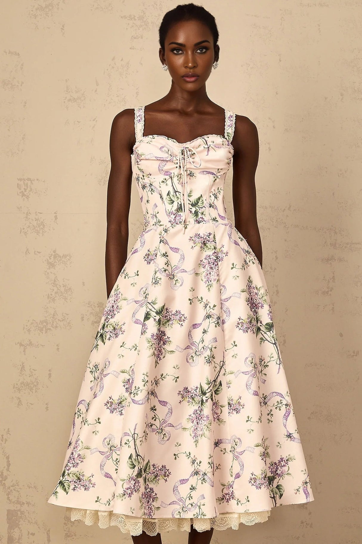Jamie Midi Dress Pink Floral Print Shirred Calf - Length & Boned Bodice