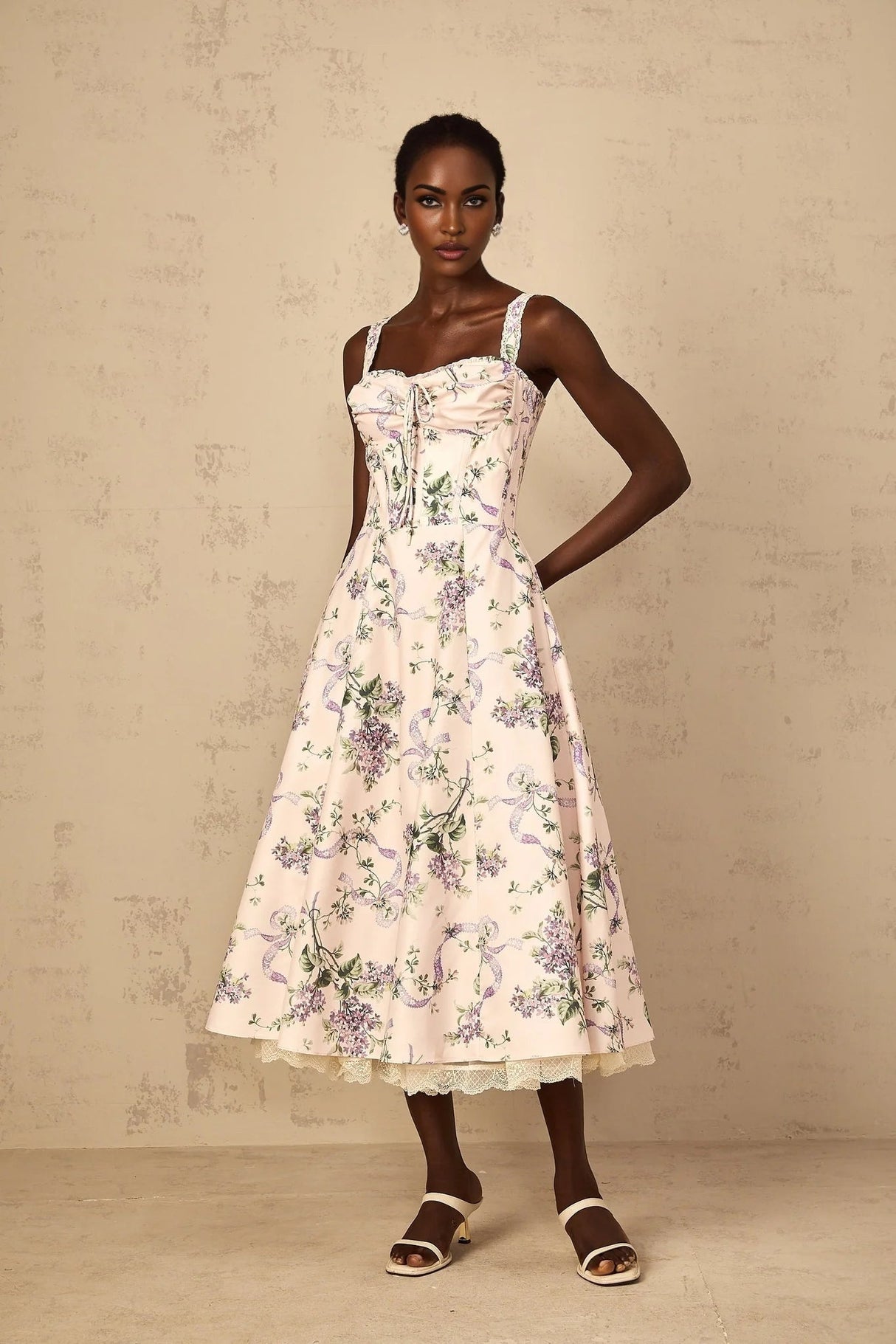 Jamie Midi Dress Pink Floral Print Shirred Calf - Length & Boned Bodice