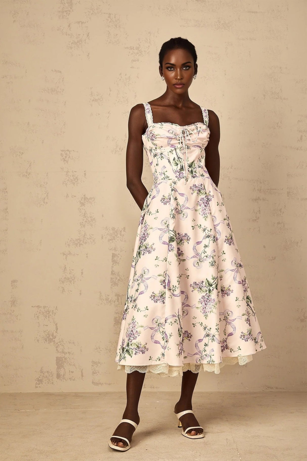 Jamie Midi Dress Pink Floral Print Shirred Calf - Length & Boned Bodice