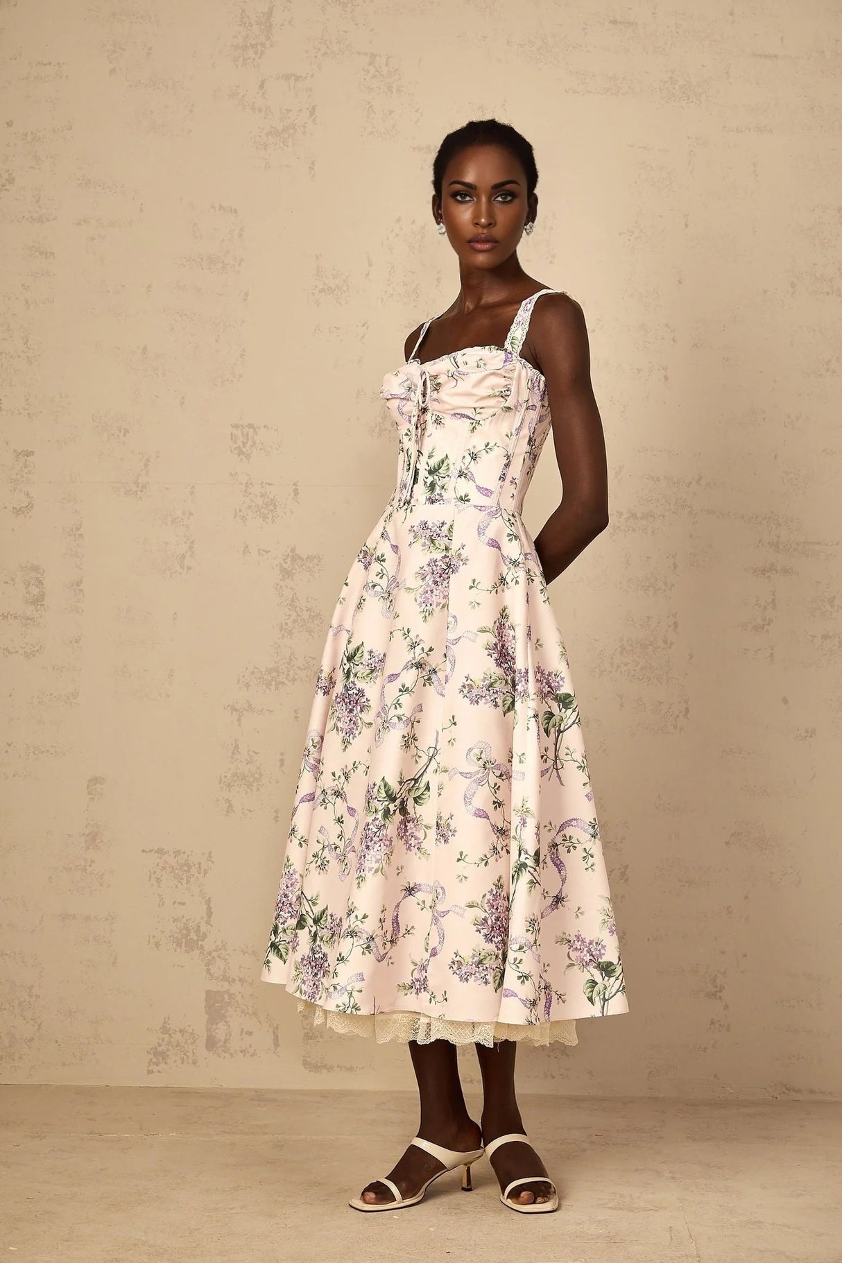 Jamie Midi Dress Pink Floral Print Shirred Calf - Length & Boned Bodice