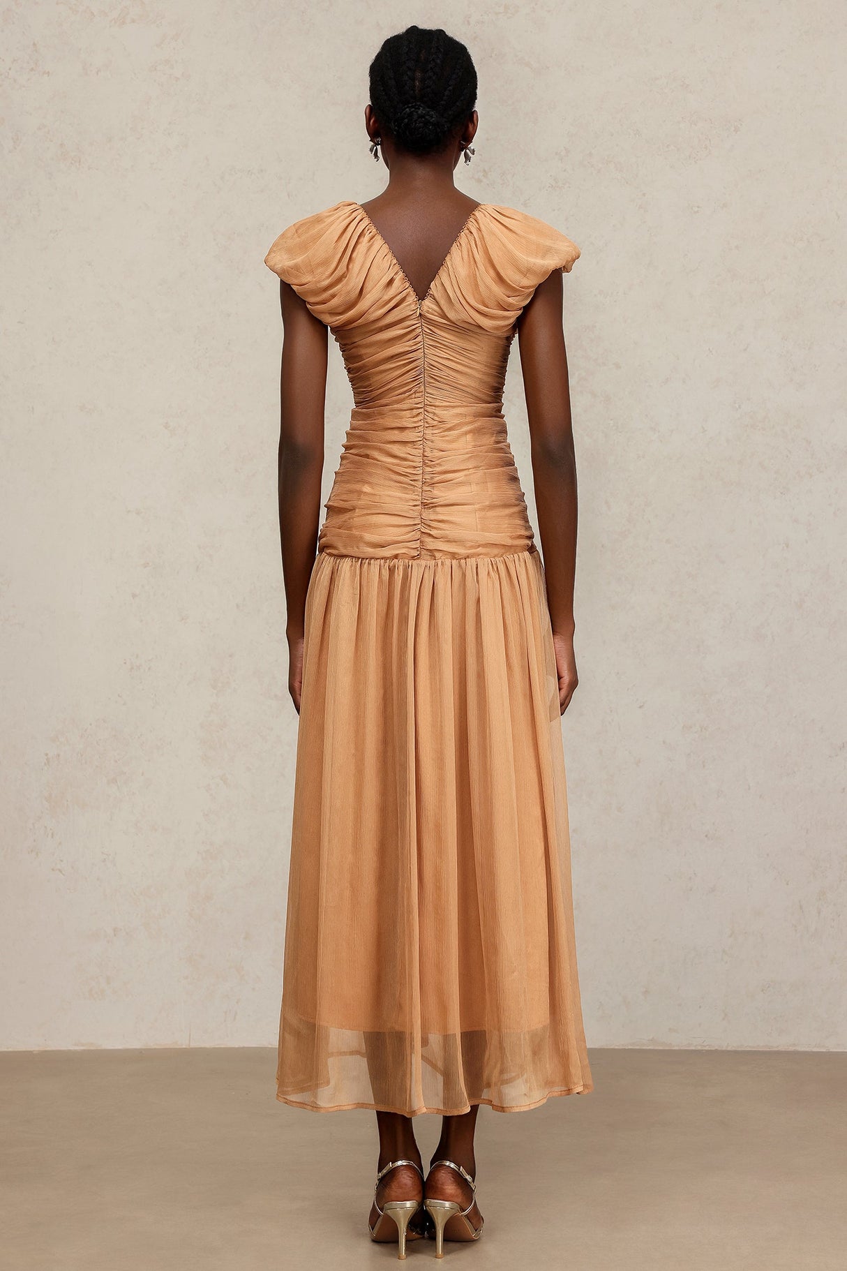 Janessa Beige Maxi Dress V-neckline Ruched Cap Sleeves Formal Events Lightweight Fabric Elegant Sophistication