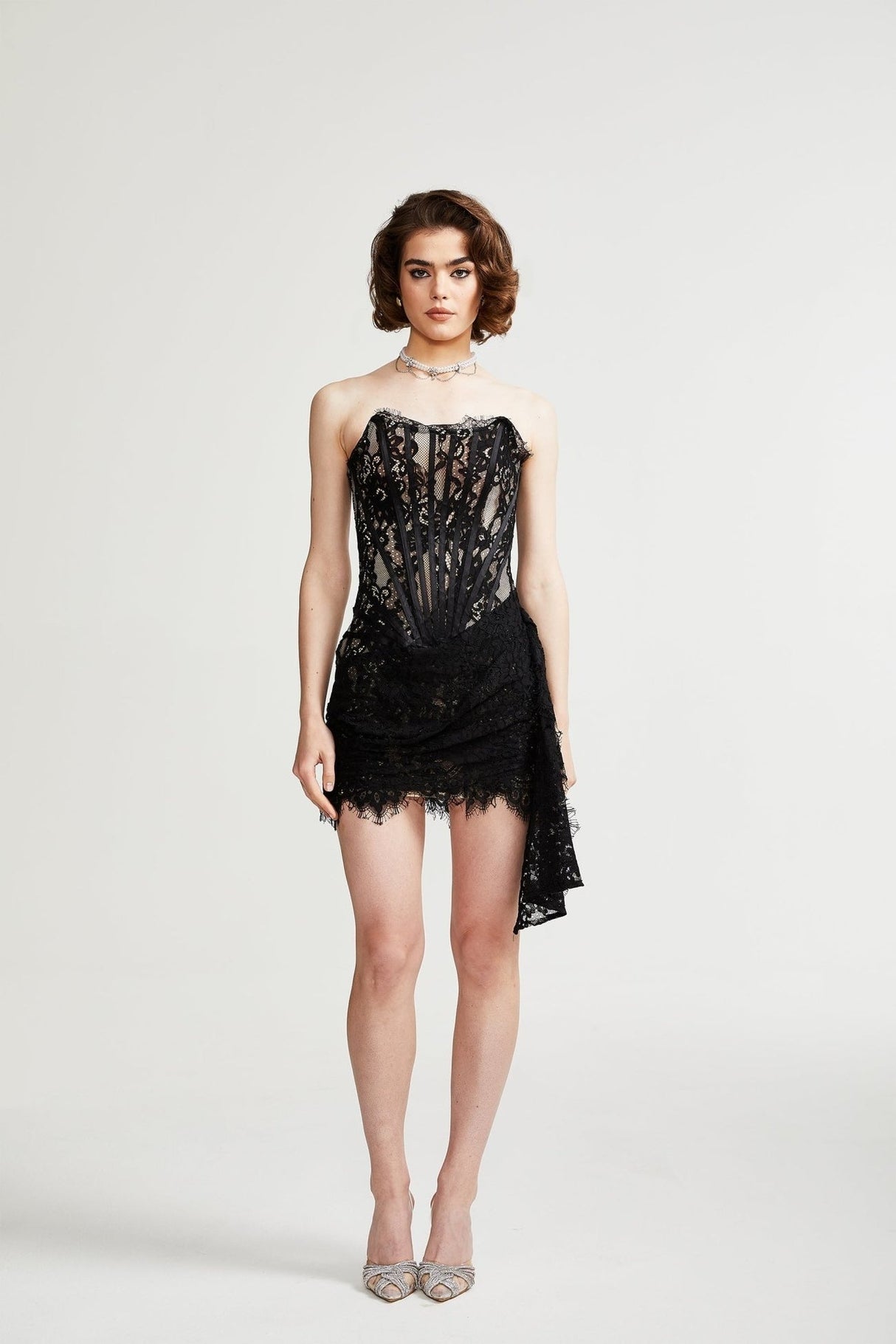Janessa Mini Dress Black Lace Strapless Ribbon Pierced