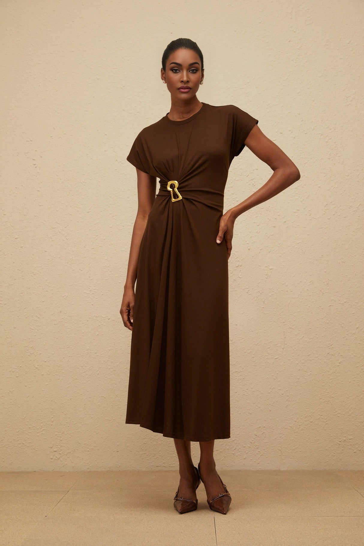 Jasmine Midi Dress - Round Neck - Cap Sleeves - Fitted Waistline - Gathered Detailing
