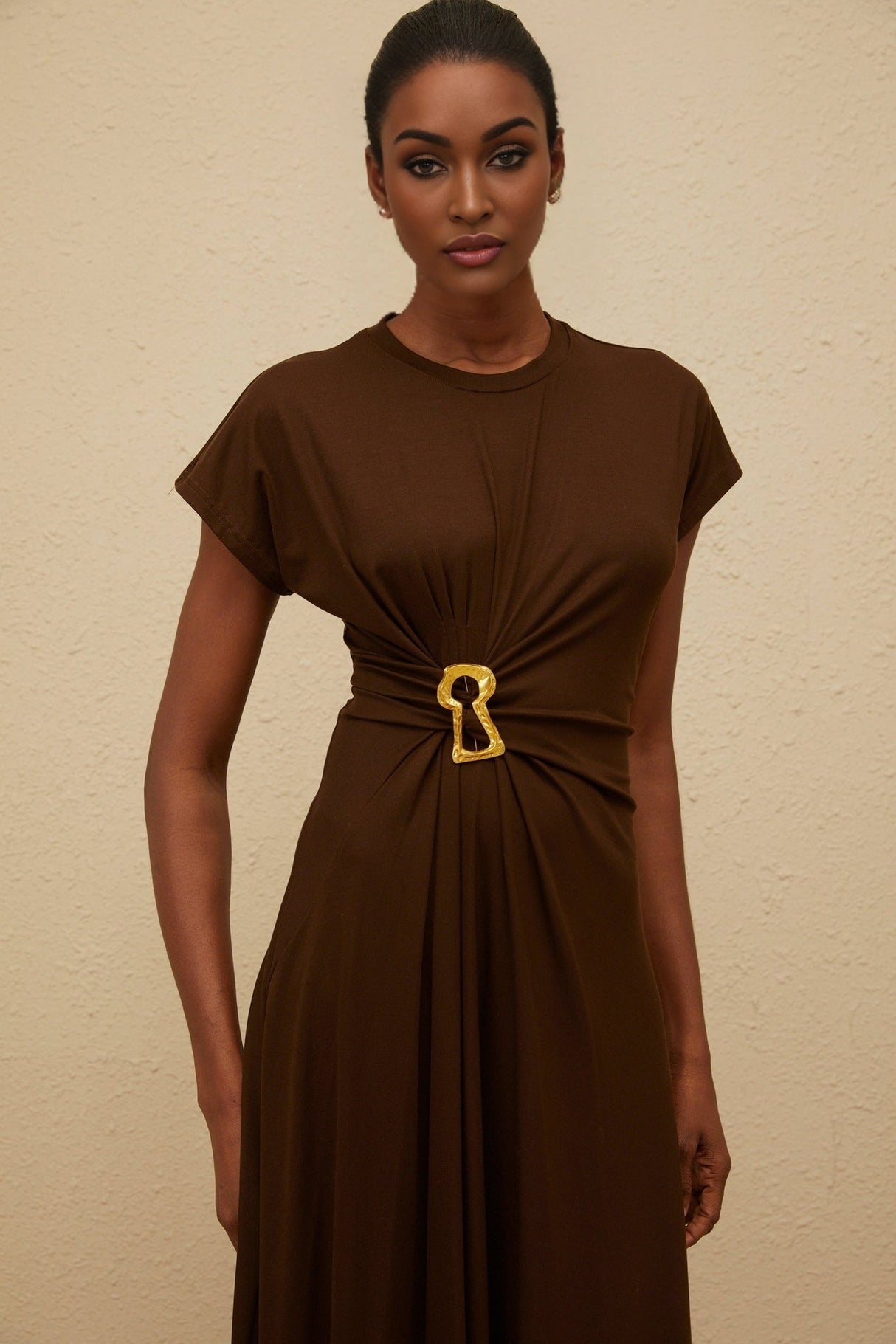 Jasmine Midi Dress - Round Neck - Cap Sleeves - Fitted Waistline - Gathered Detailing